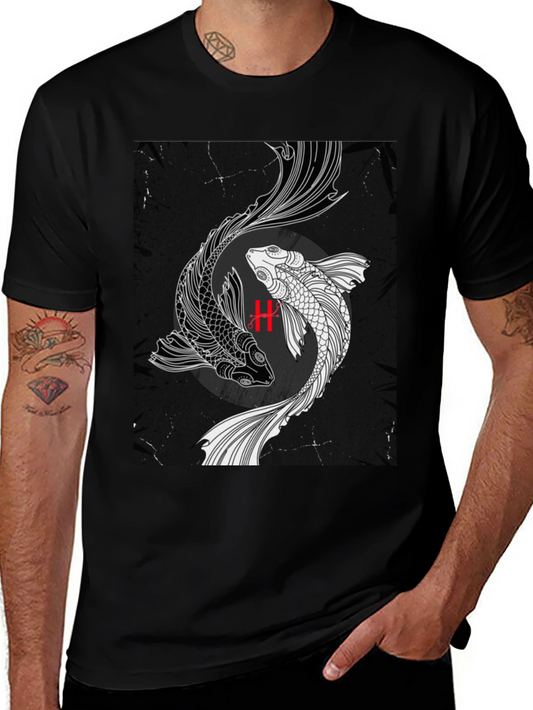 Yin Yang Koi Fish Graphic Black T-Shirt