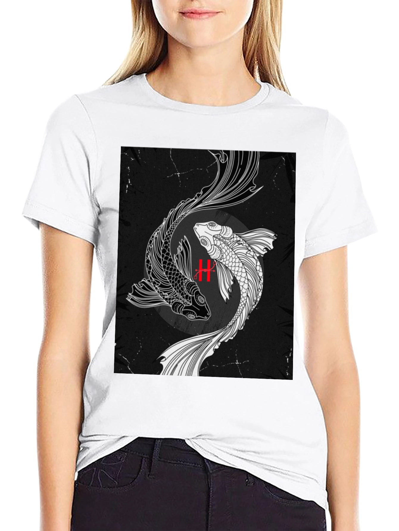 Yin Yang Koi Fish Graphic Black T-Shirt
