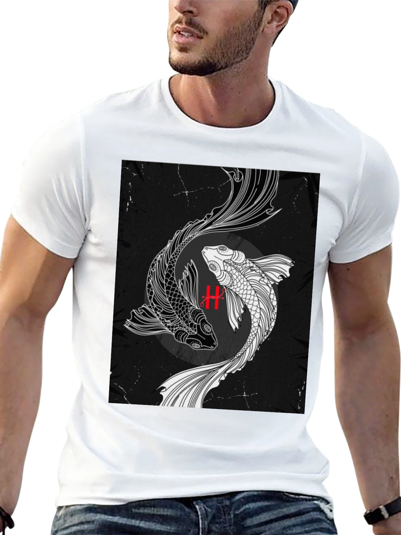 Yin Yang Koi Fish Graphic Black T-Shirt