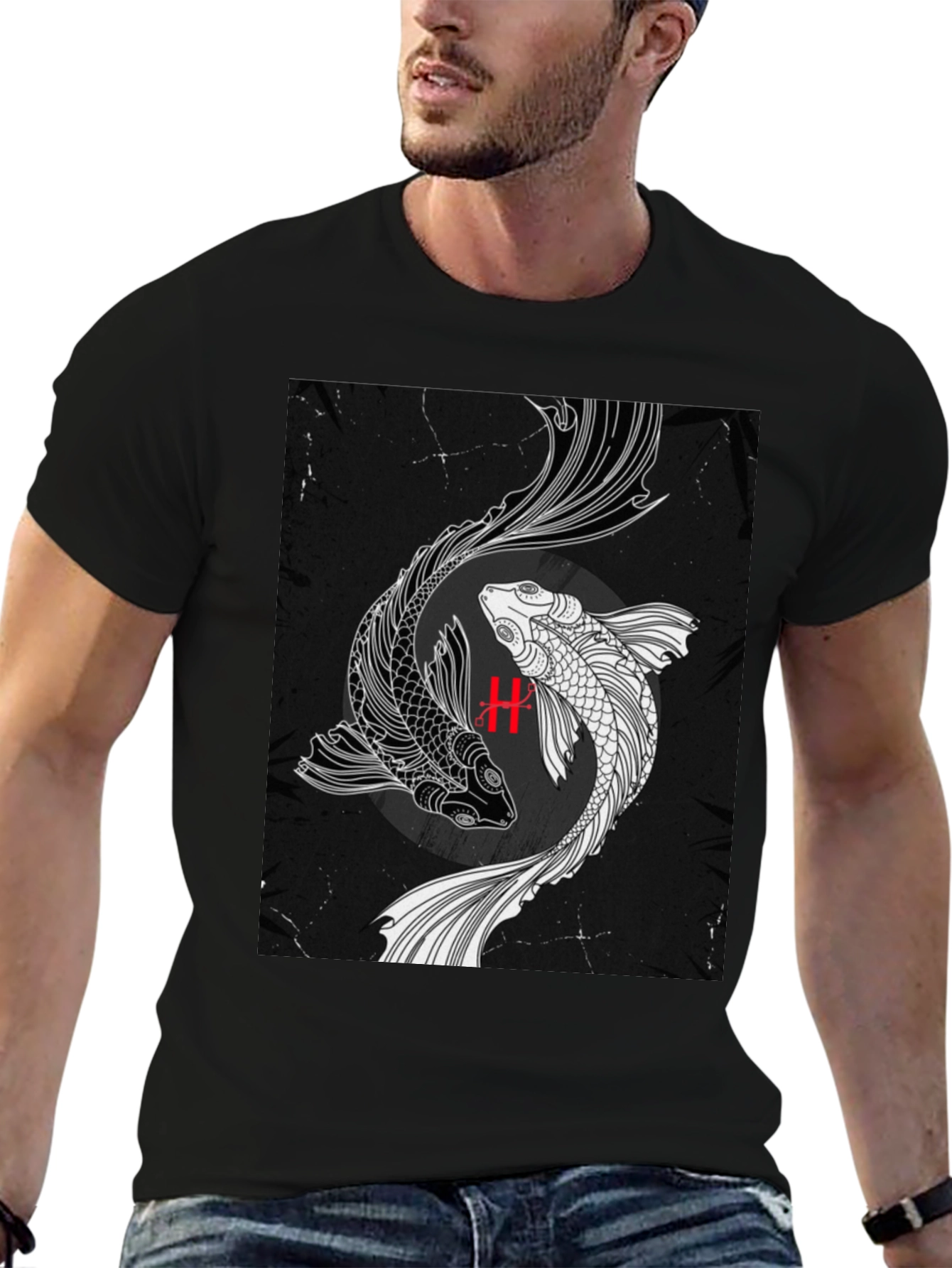 Yin Yang Koi Fish Graphic Black T-Shirt