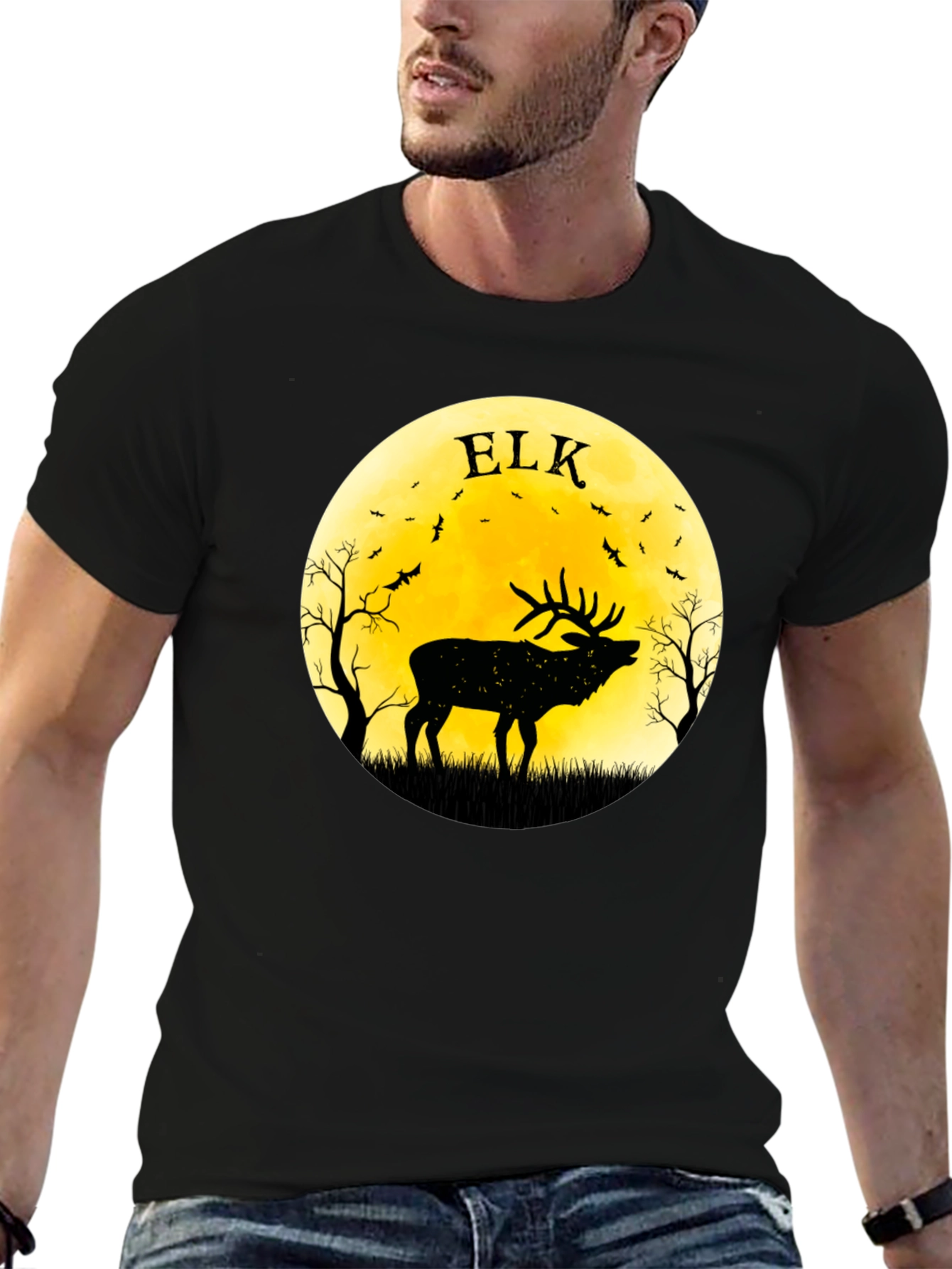 Elk Silhouette Moon Graphic Tee - Black
