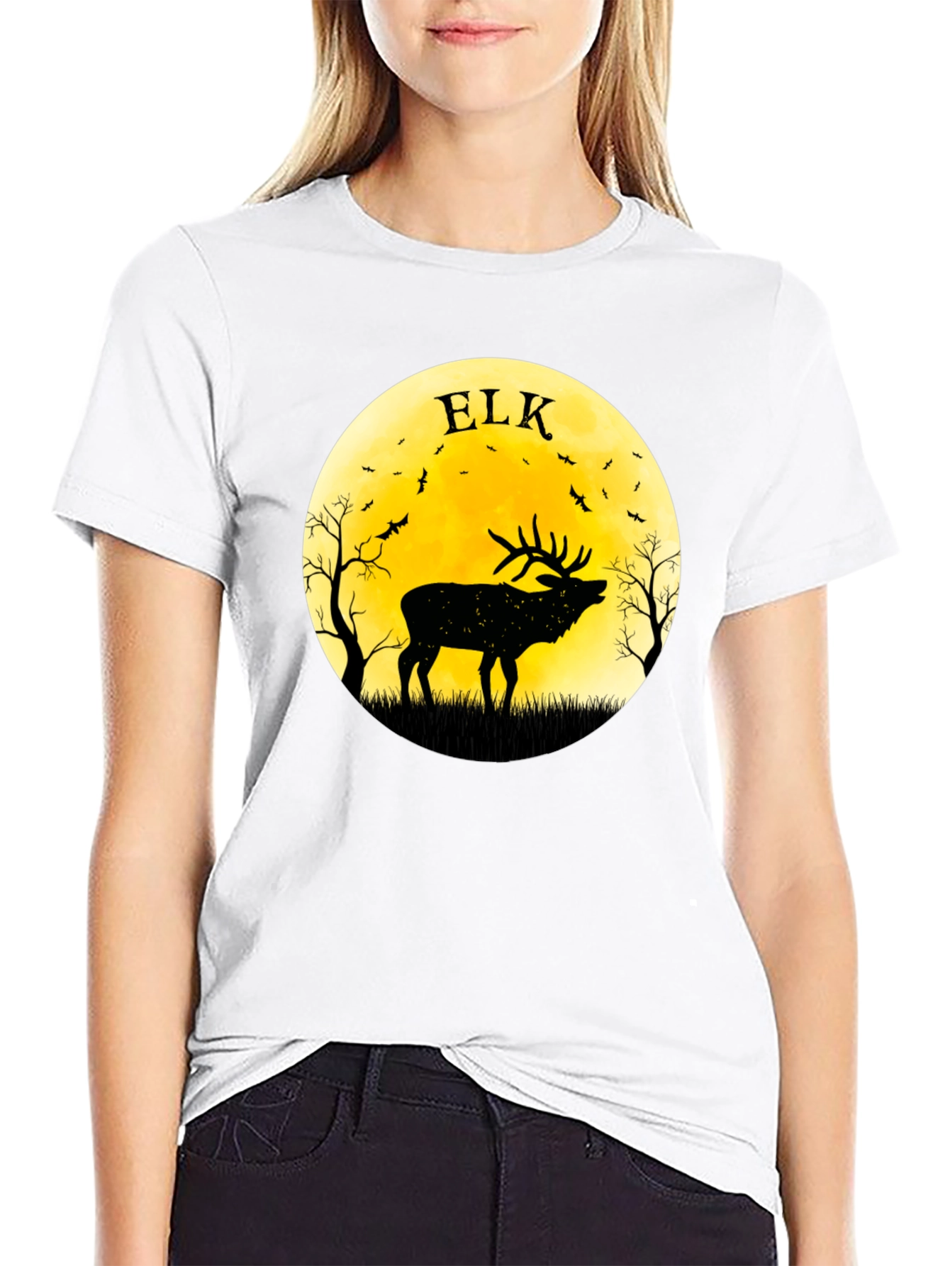 Elk Silhouette Moon Graphic Tee - Black