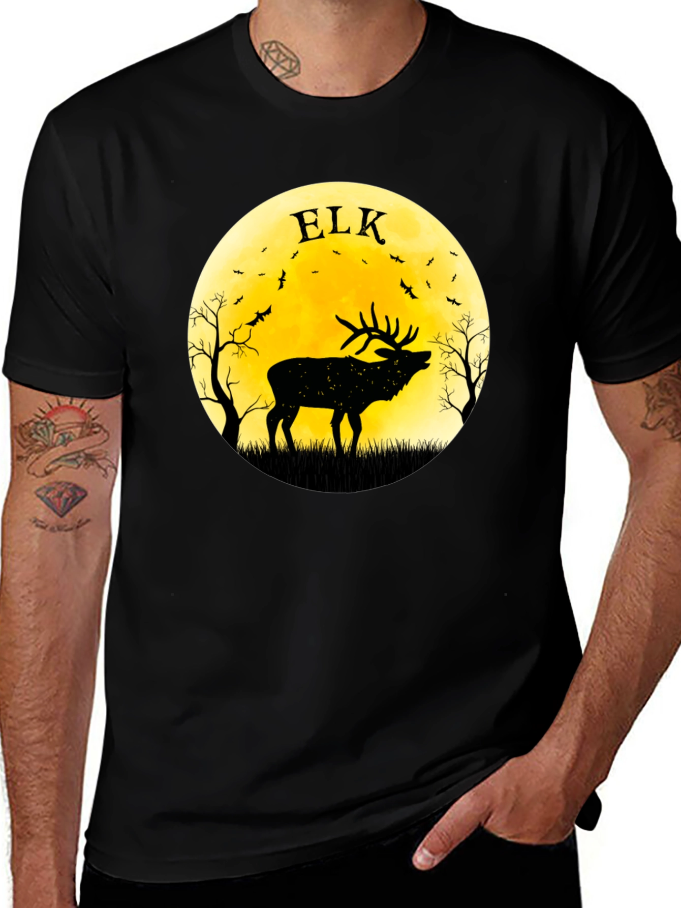 Elk Silhouette Moon Graphic Tee - Black