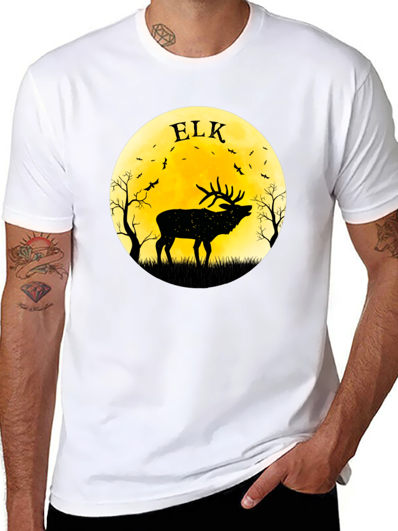 Elk Silhouette Moon Graphic Tee - Black