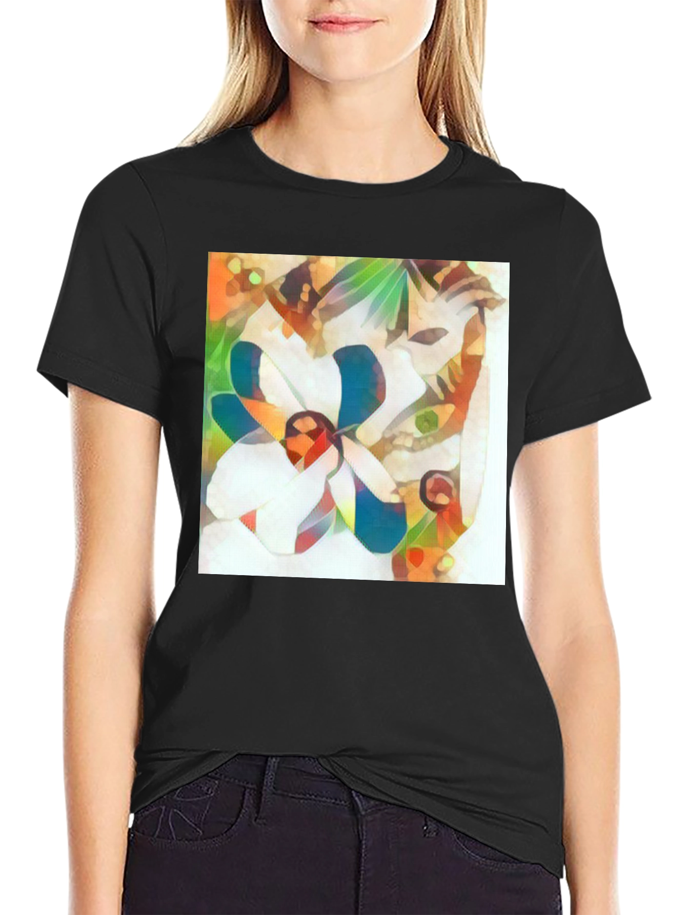 Abstract Flower Graphic Tee - Stylish Black T-Shirt