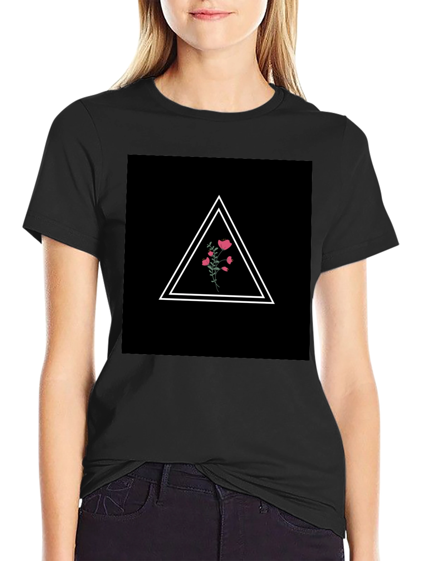 Minimalist Floral Triangle Black T-Shirt