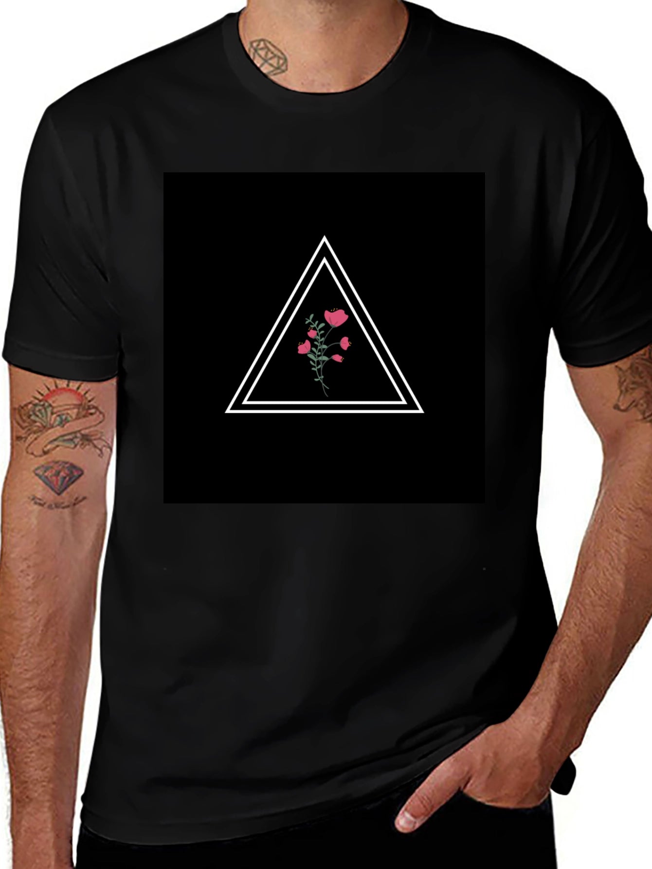 Minimalist Floral Triangle Black T-Shirt