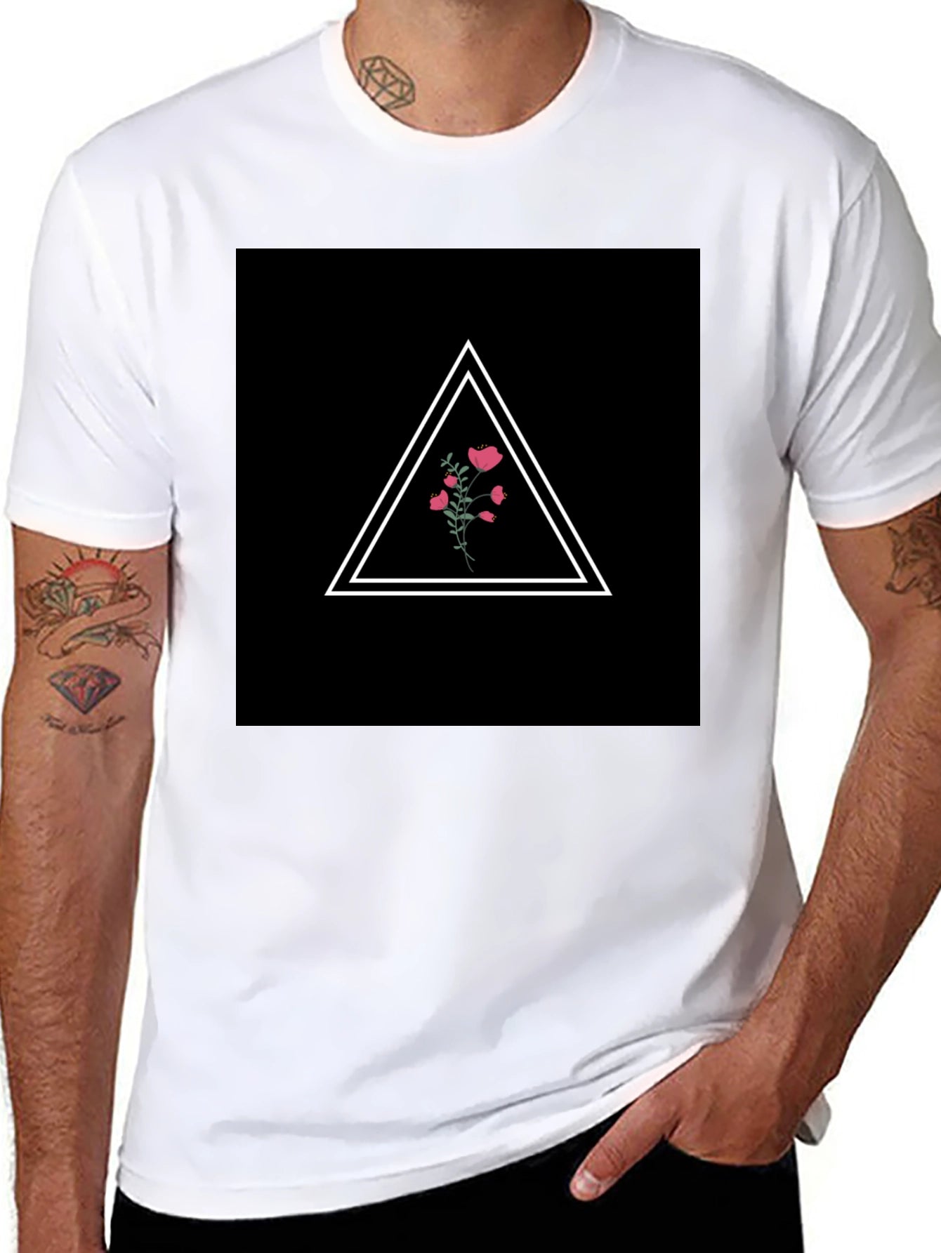Minimalist Floral Triangle Black T-Shirt