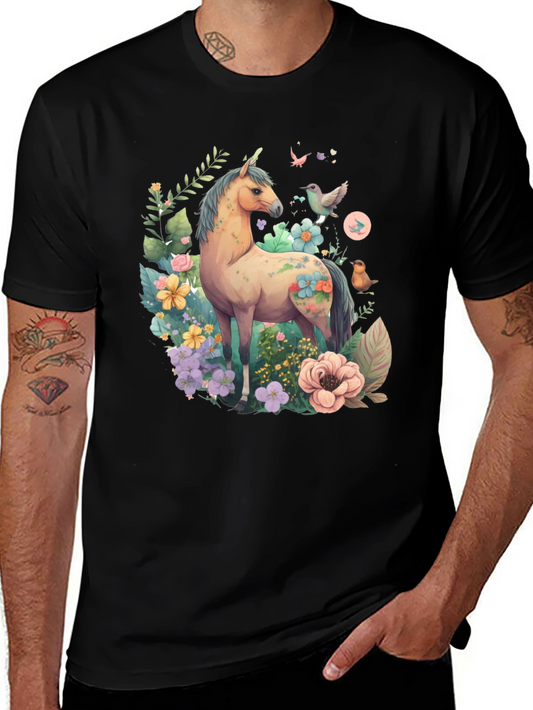 Floral Unicorn Graphic Tee - Soft Black Cotton Shirt