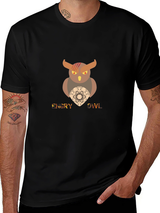Mens Black Graphic T-Shirt - Angry Owl Design