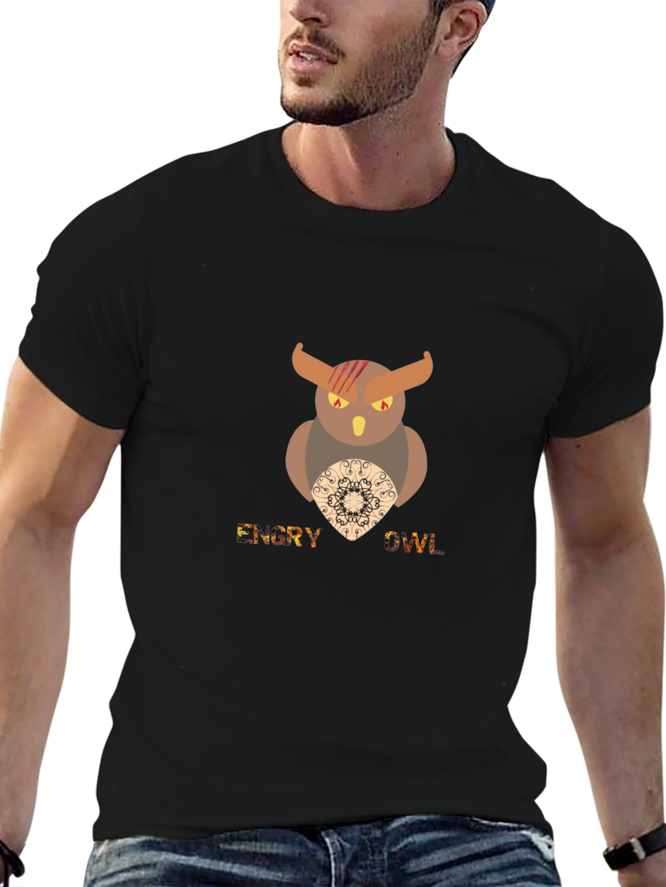 Mens Black Graphic T-Shirt - Angry Owl Design
