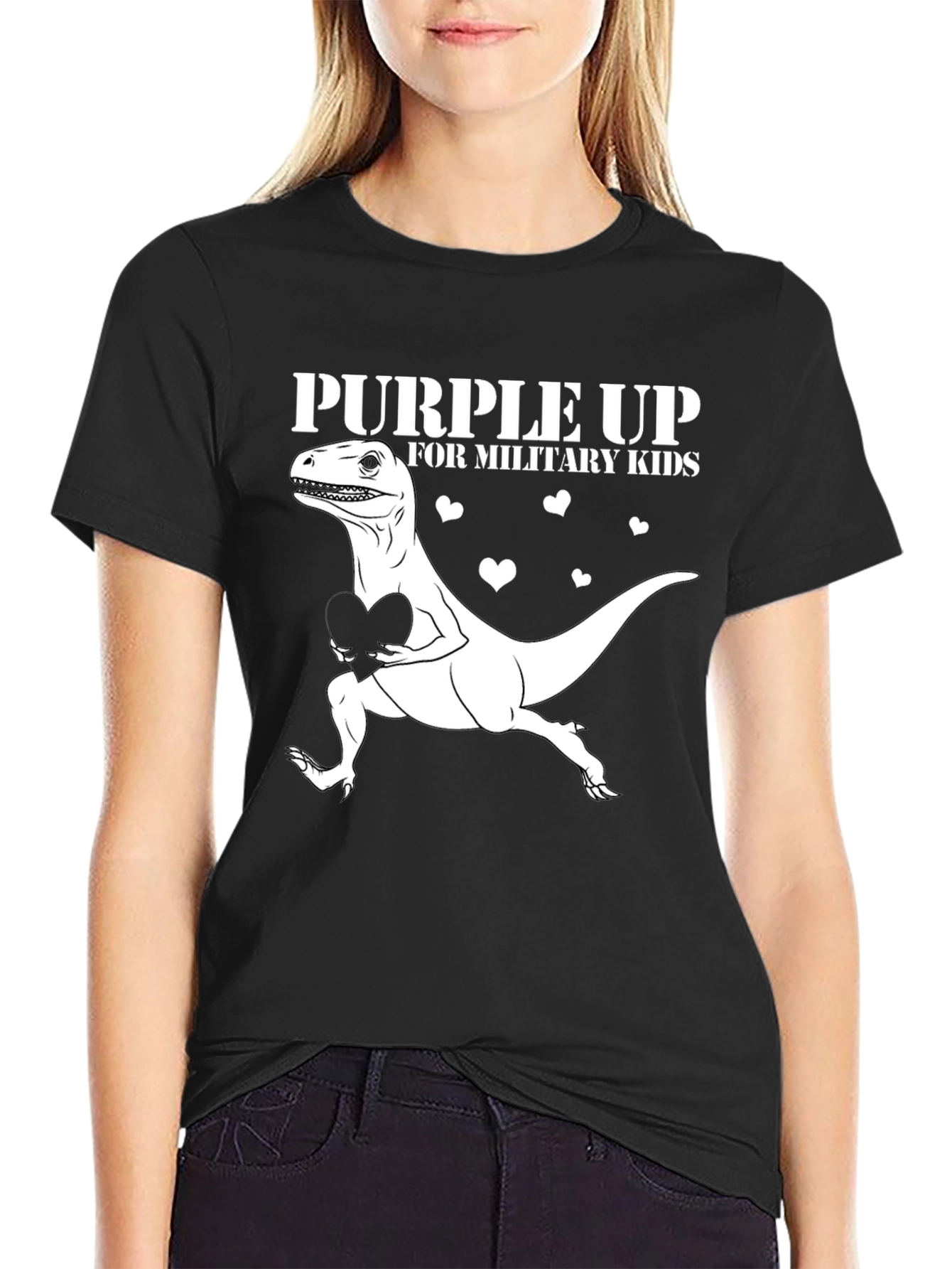 Purple Up Military Kids Dinosaur Heart T-Shirt