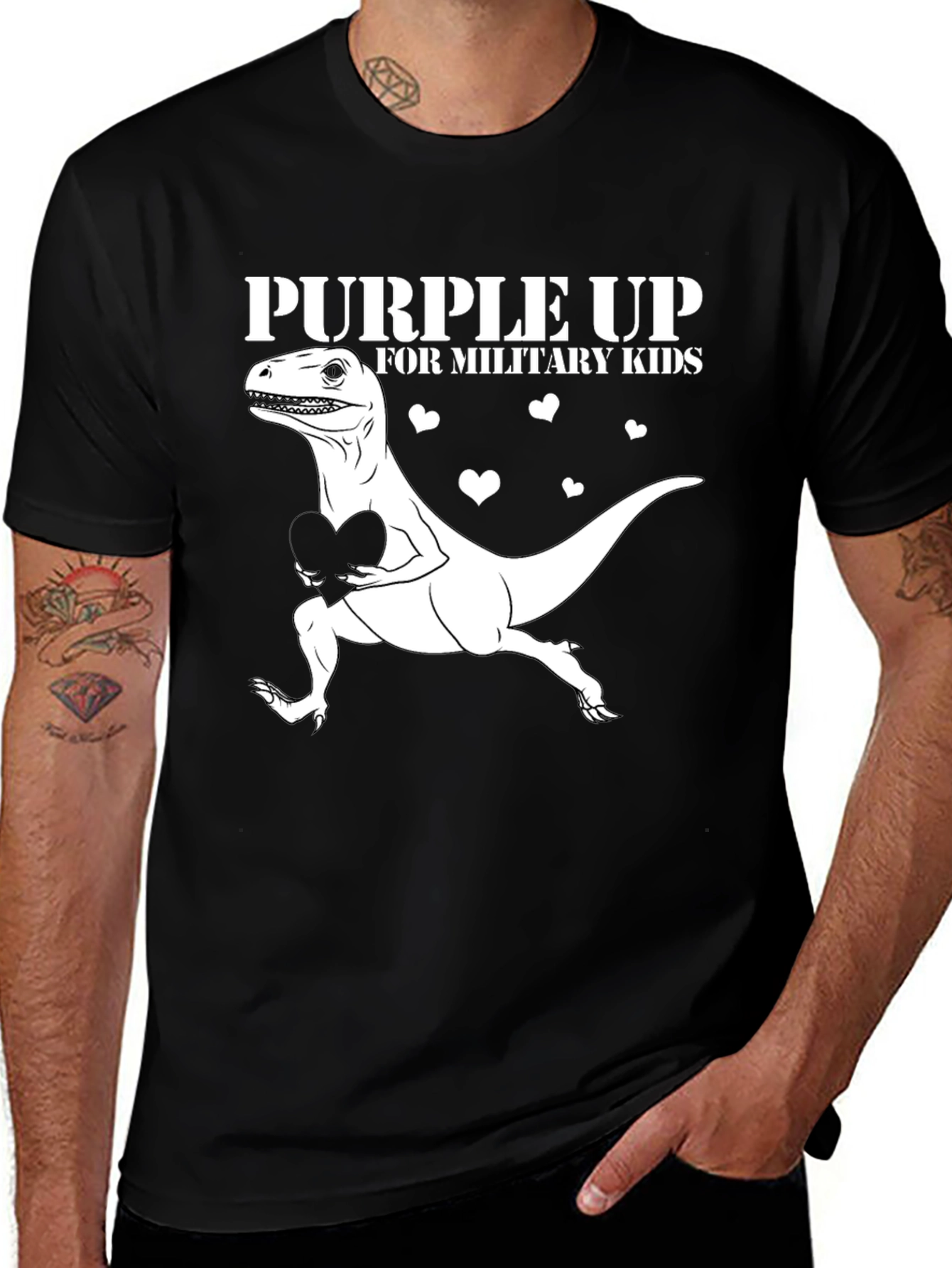 Purple Up Military Kids Dinosaur Heart T-Shirt