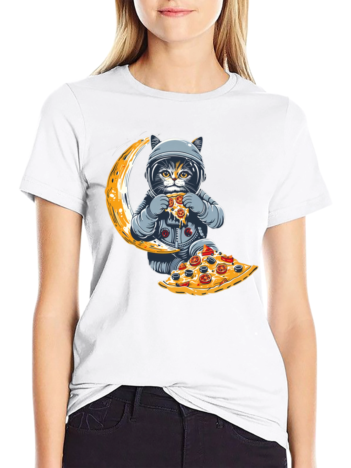 Astronaut Cat Pizza Moon T-Shirt