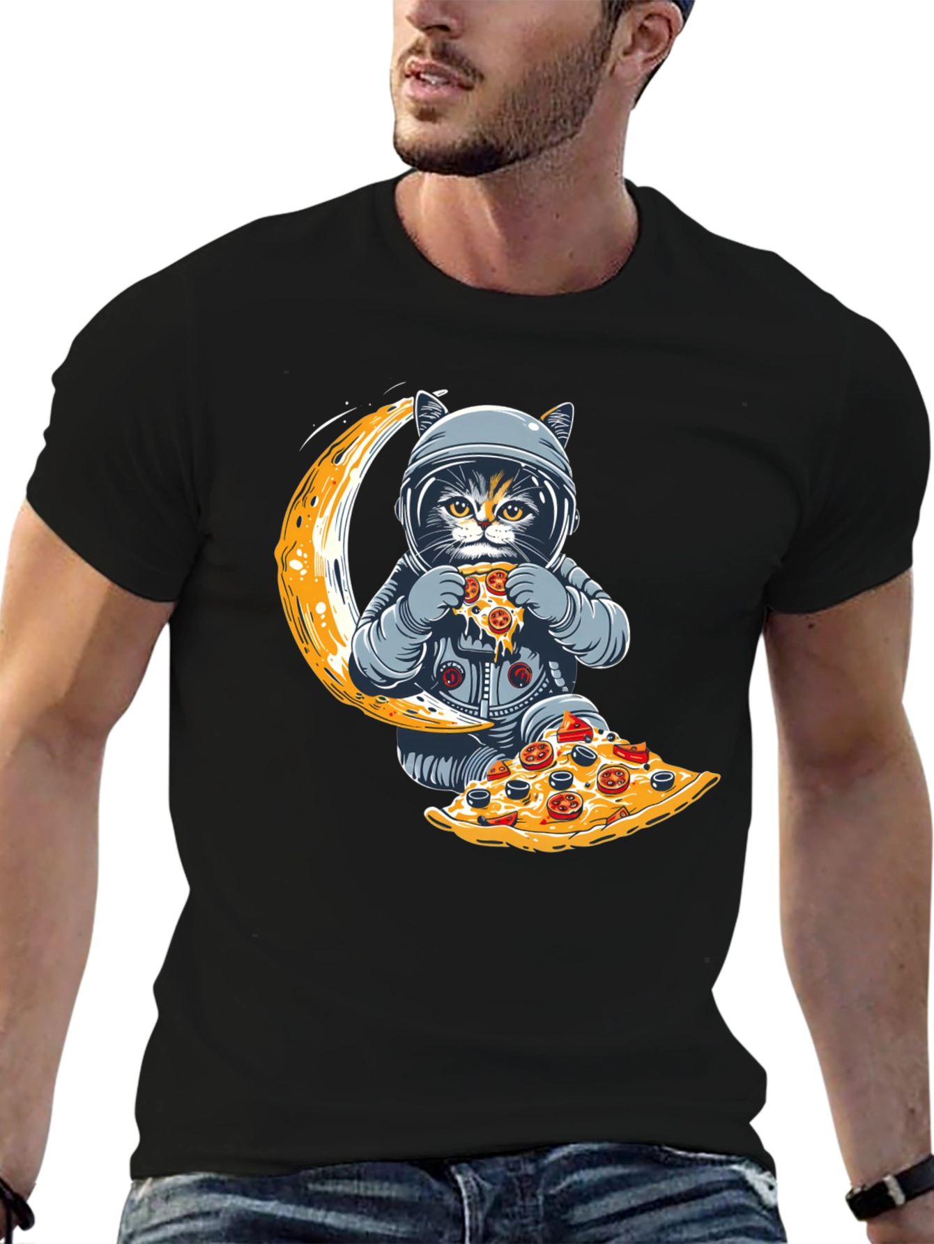 Astronaut Cat Pizza Moon T-Shirt
