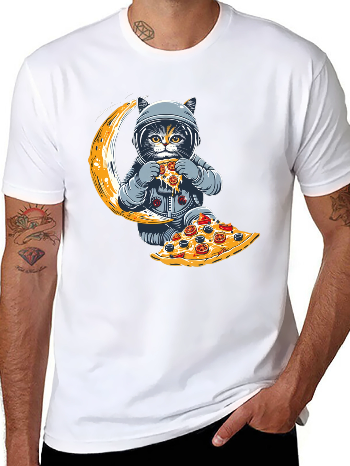 Astronaut Cat Pizza Moon T-Shirt