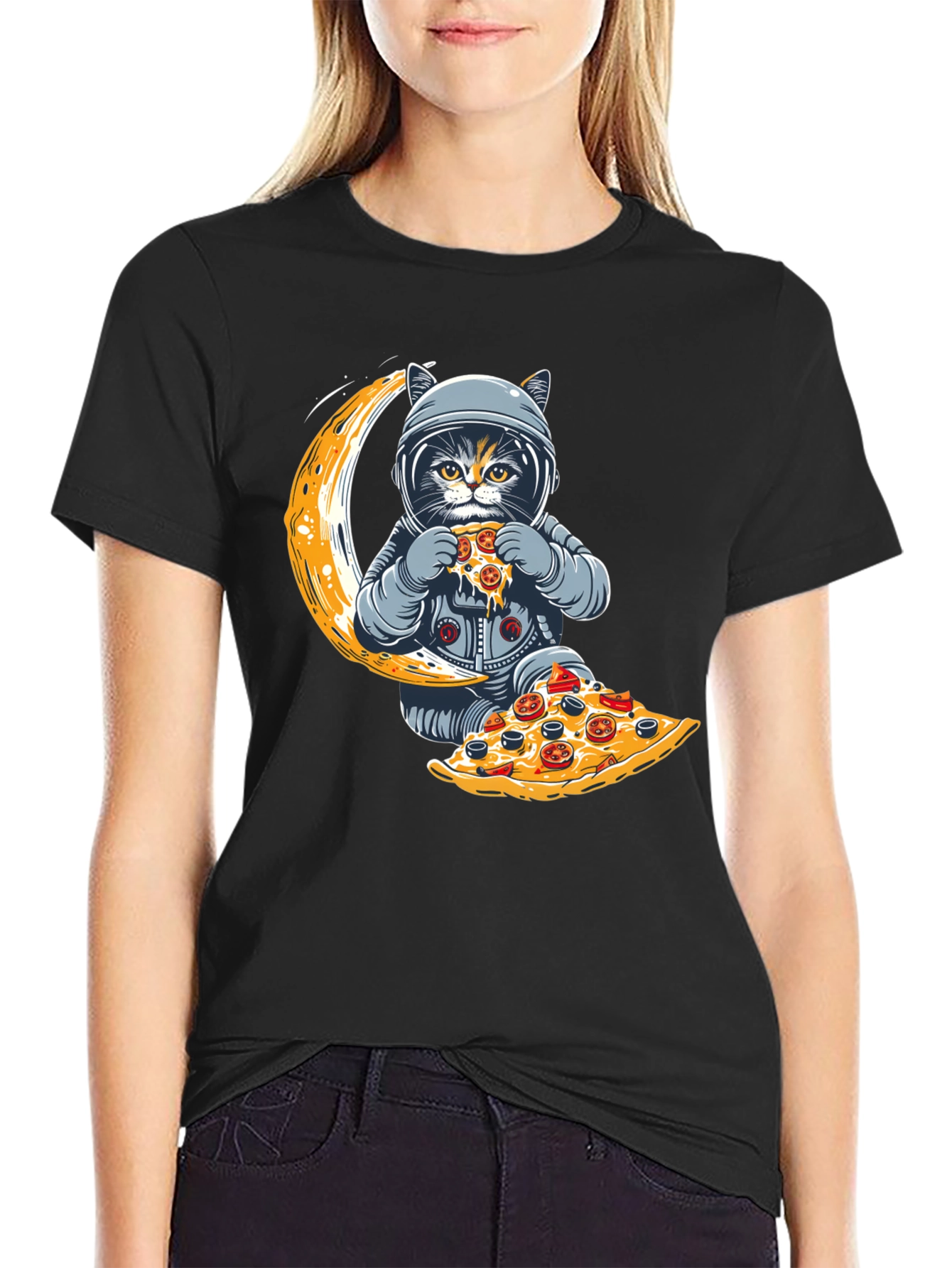 Astronaut Cat Pizza Moon T-Shirt