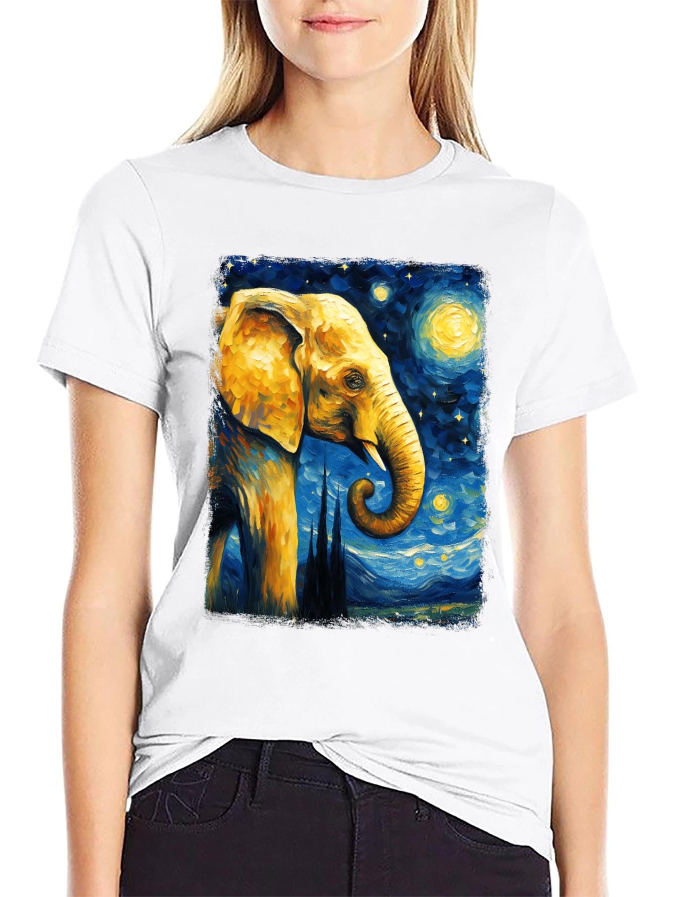 Starry Night Elephant Graphic T-Shirt - Unique Art Tee