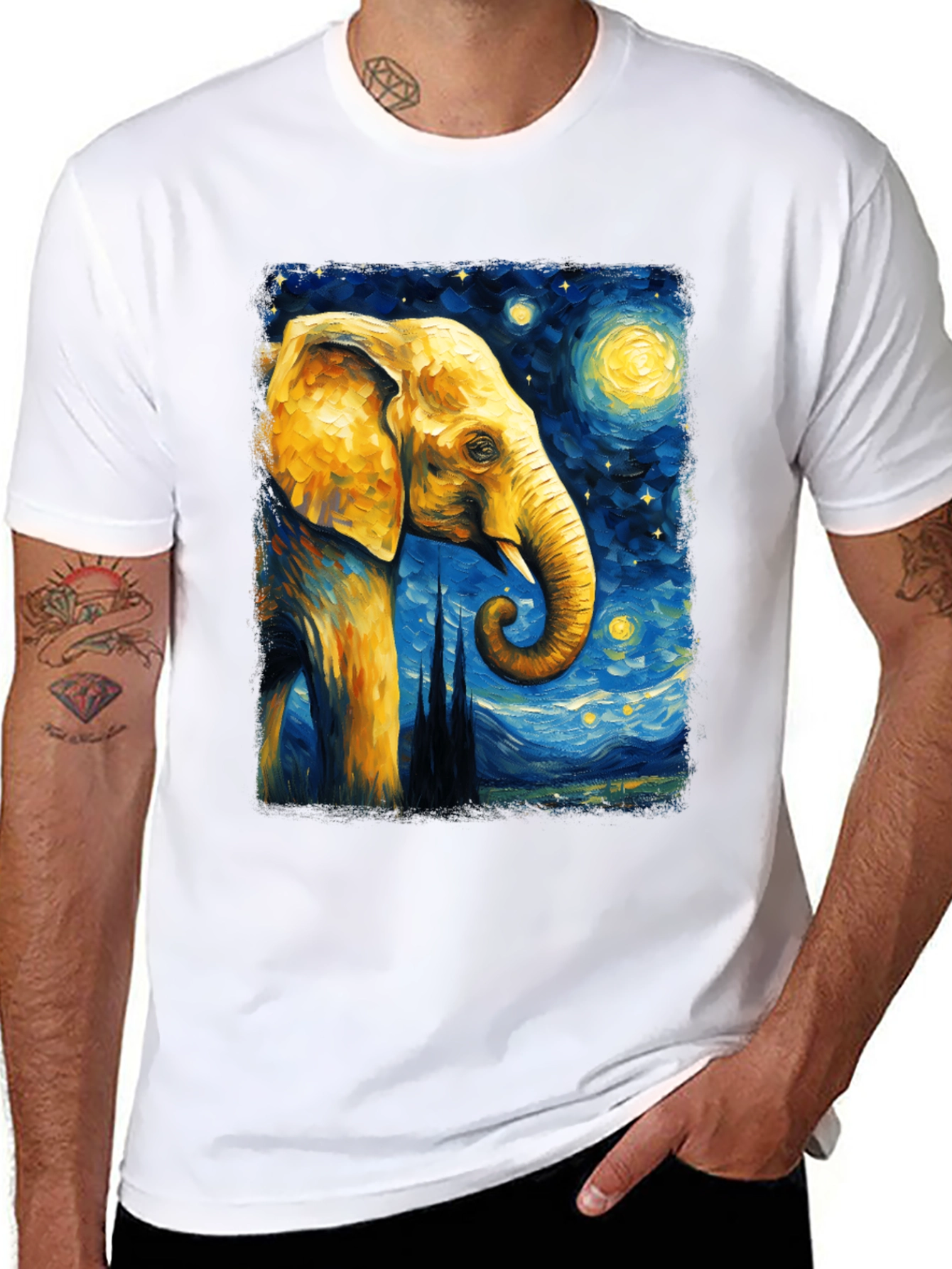 Starry Night Elephant Graphic T-Shirt - Unique Art Tee