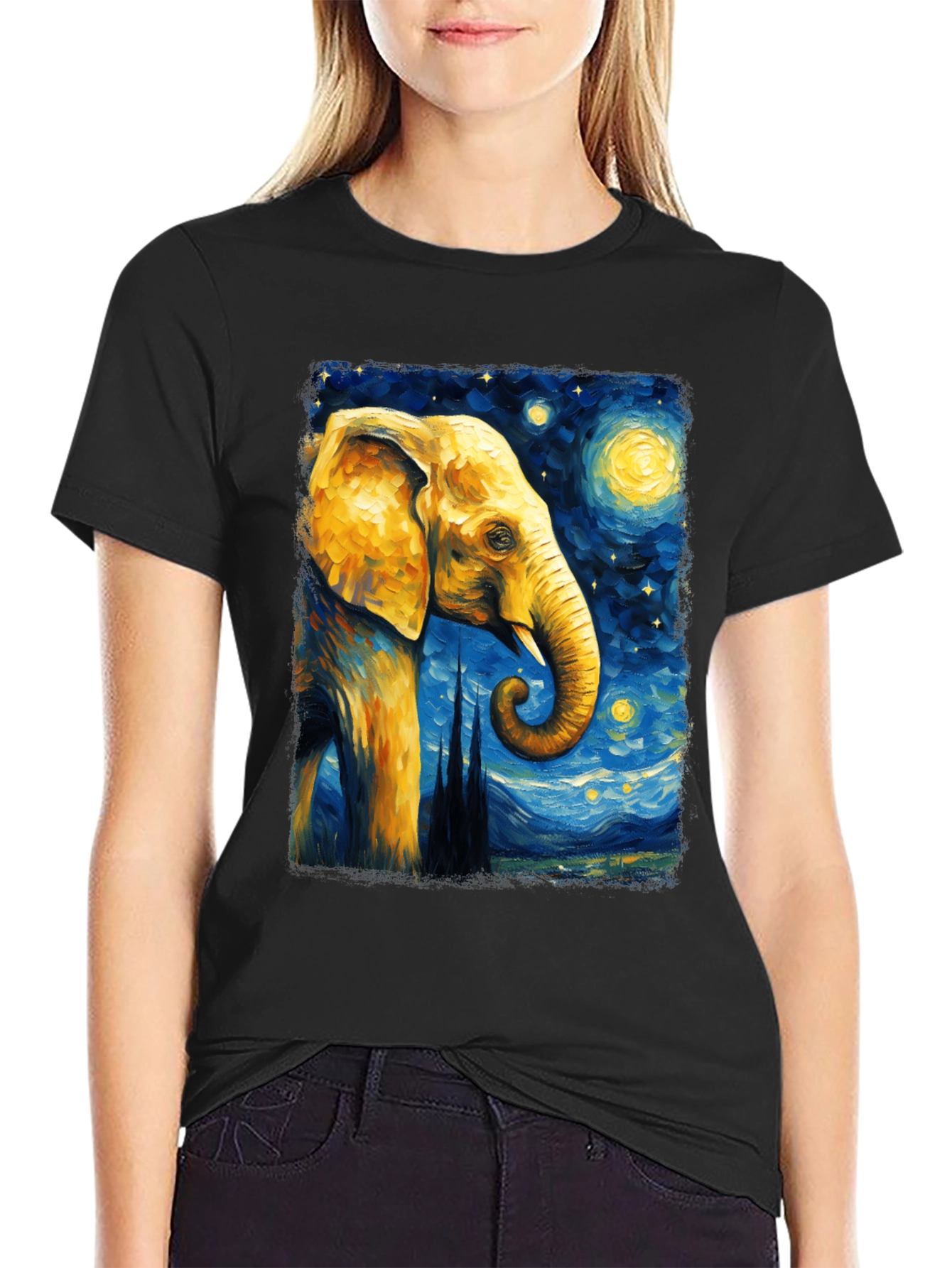 Starry Night Elephant Graphic T-Shirt - Unique Art Tee