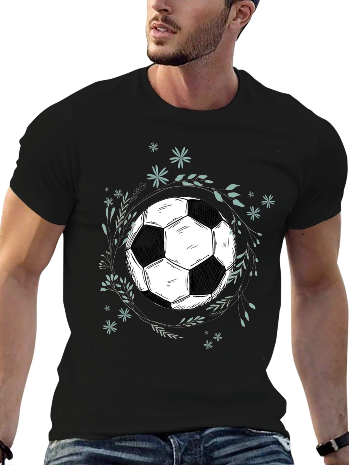 Soccer Ball Graphic Tee - Black Cotton Blend