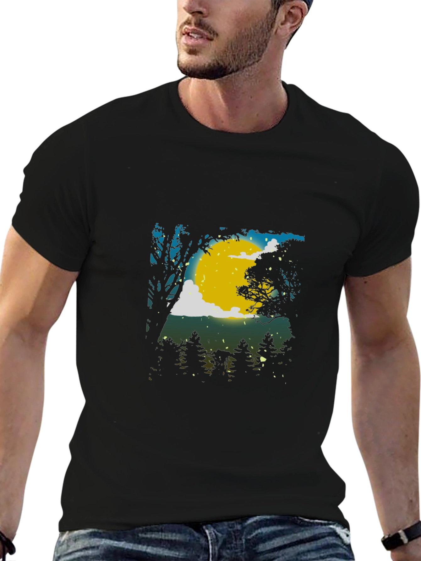 Moonlit Forest Graphic Tee - Black Cotton Blend