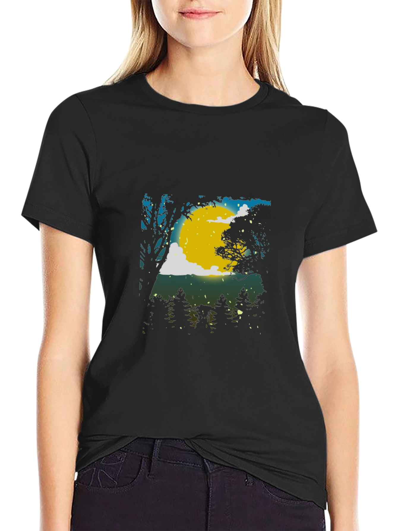 Moonlit Forest Graphic Tee - Black Cotton Blend