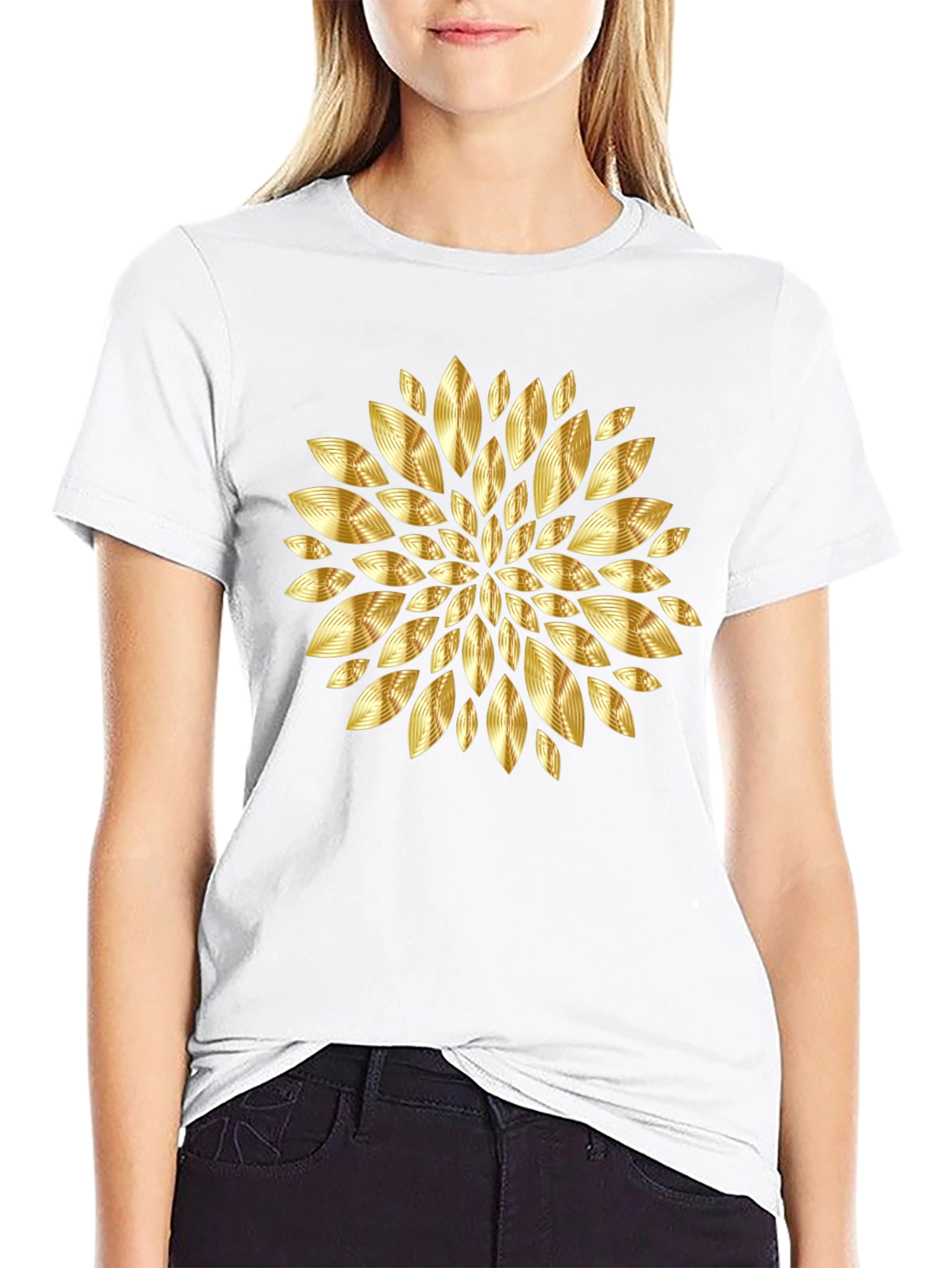 Gold Floral Pattern Black T-Shirt