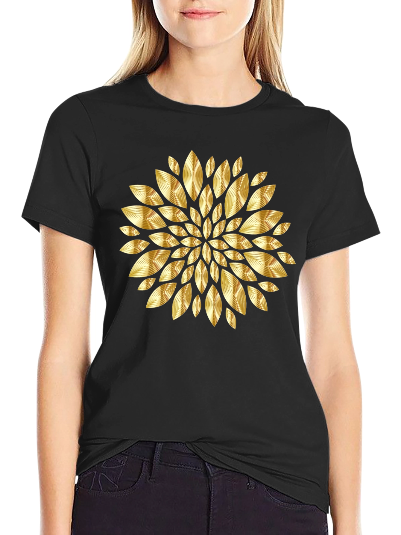 Gold Floral Pattern Black T-Shirt