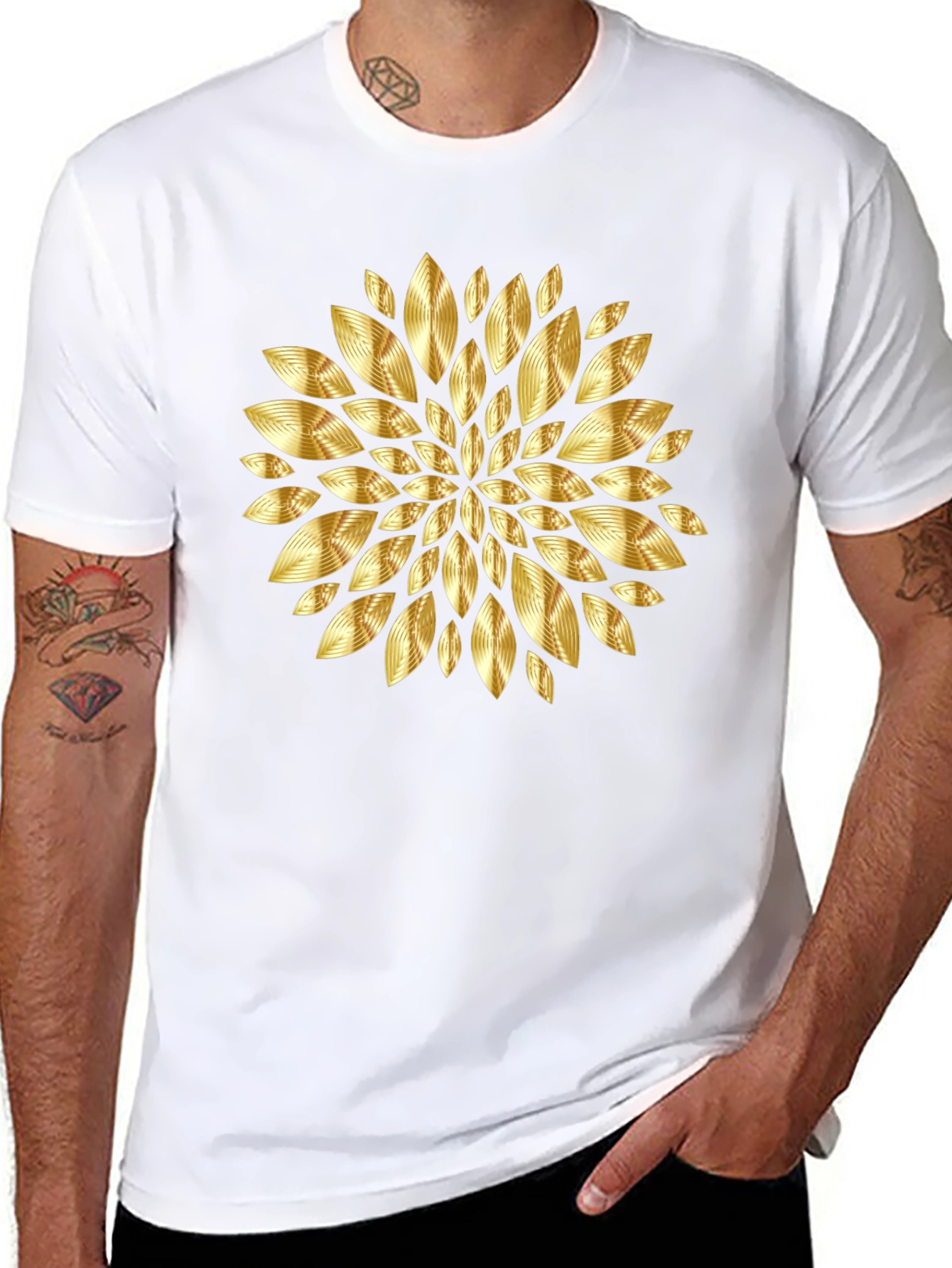 Gold Floral Pattern Black T-Shirt