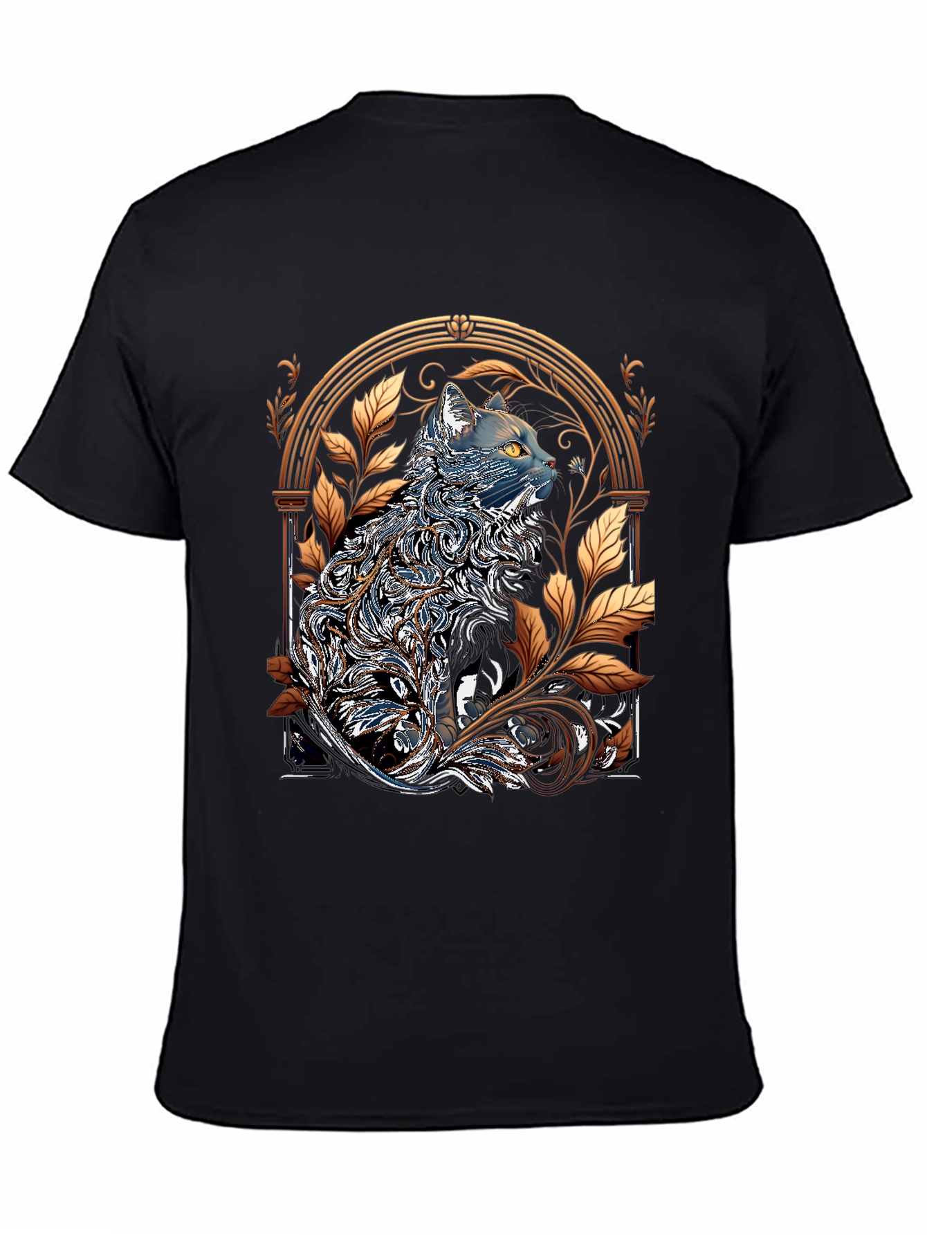 Ornate Cat Design Black T-Shirt