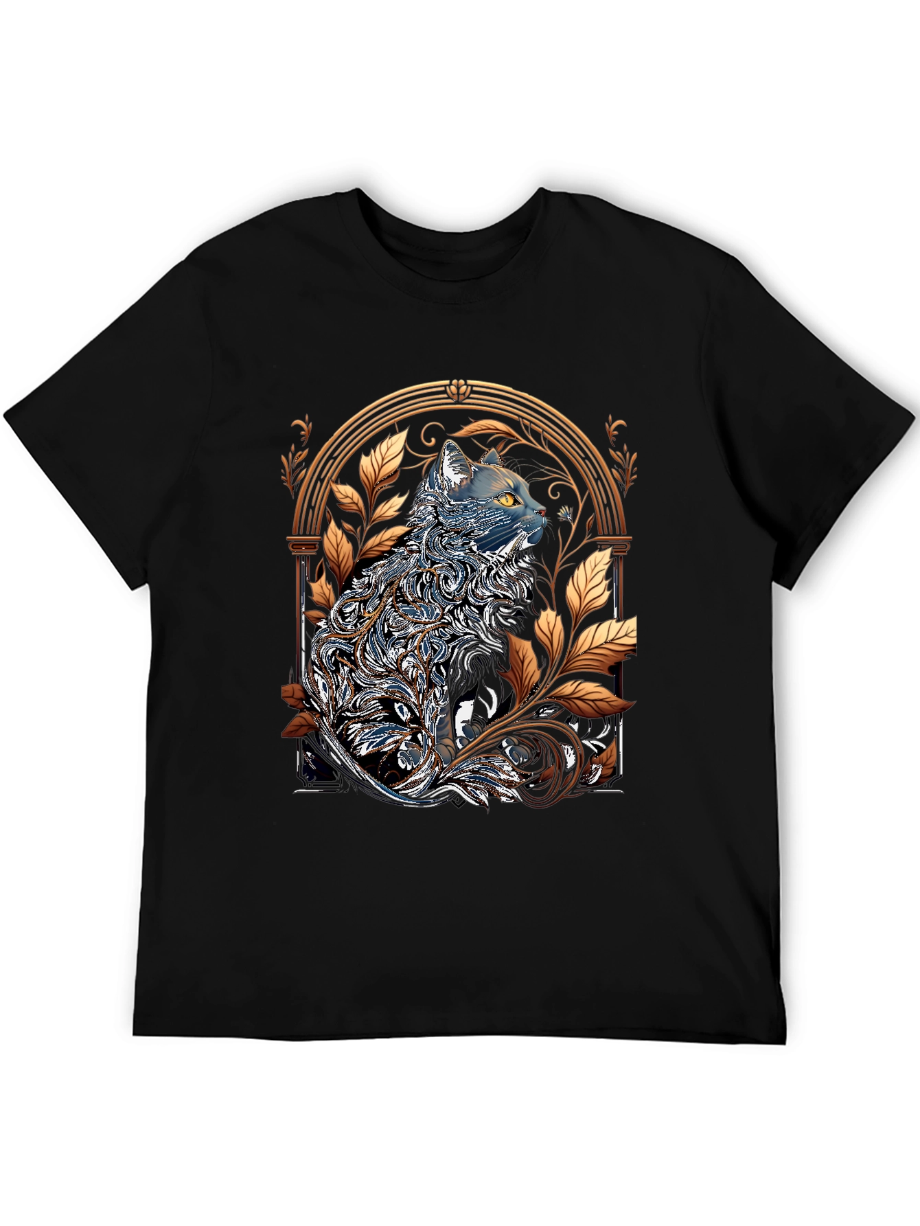 Ornate Cat Design Black T-Shirt