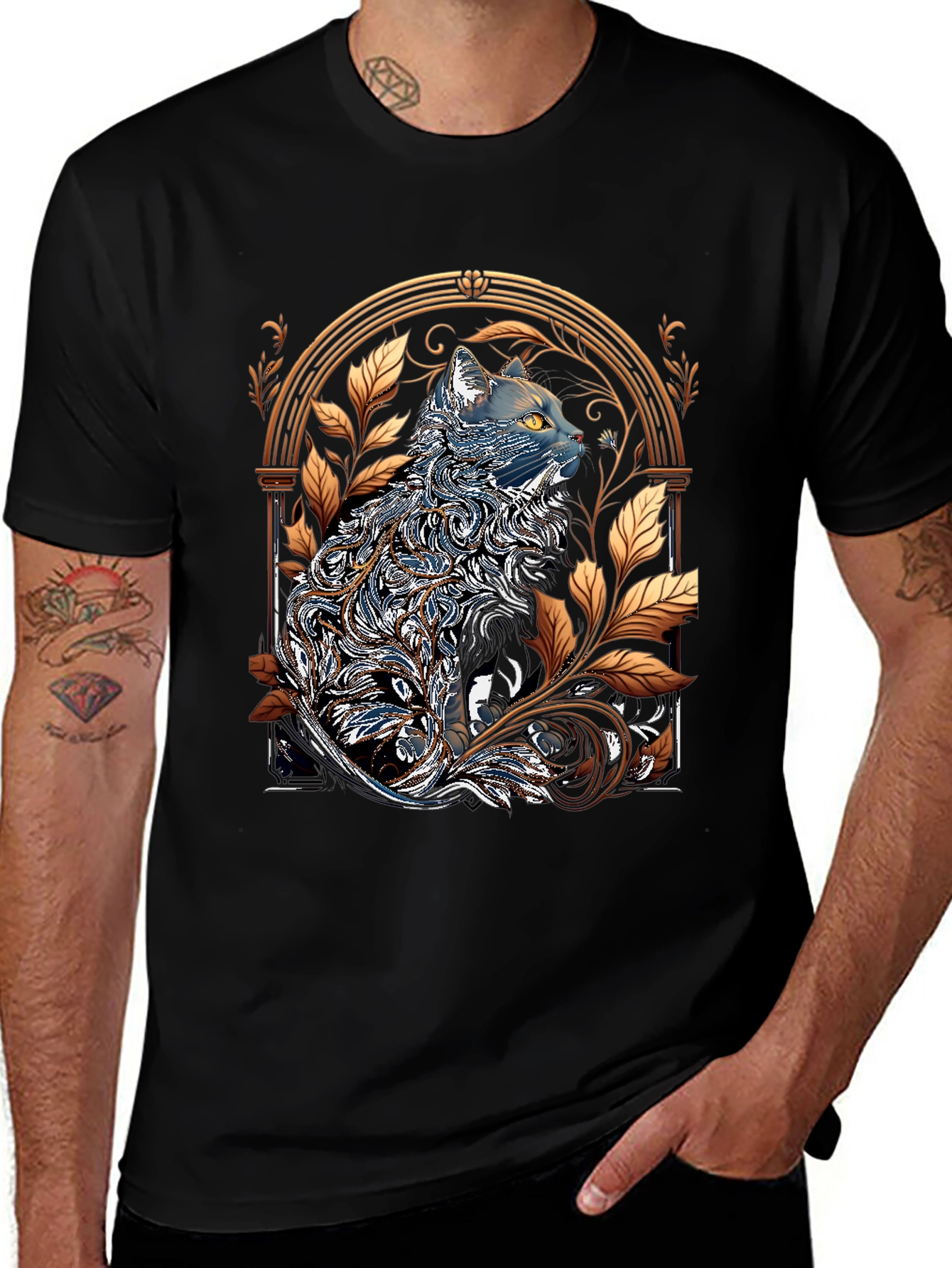 Ornate Cat Design Black T-Shirt