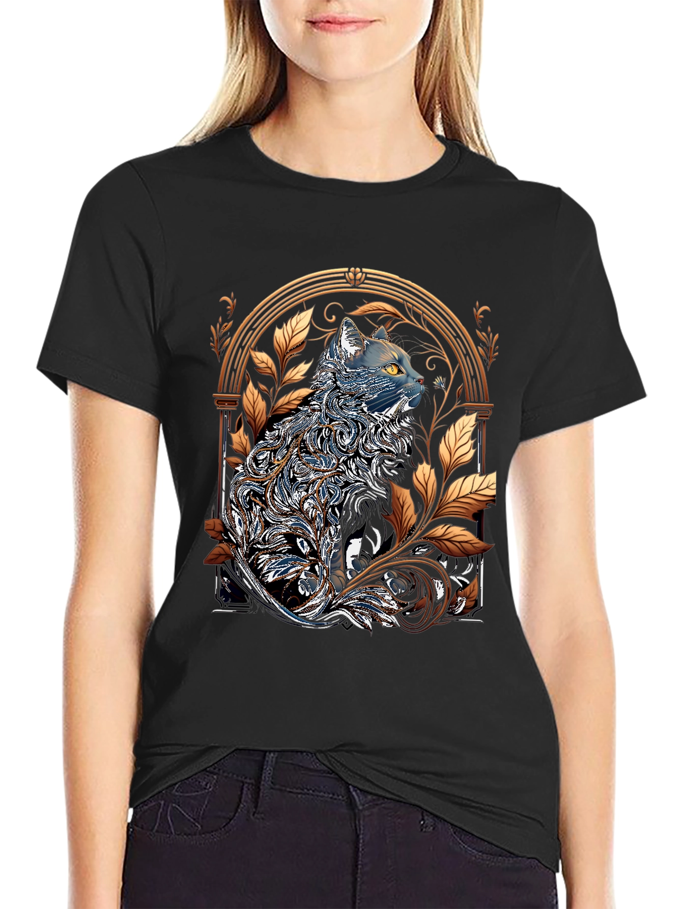 Ornate Cat Design Black T-Shirt