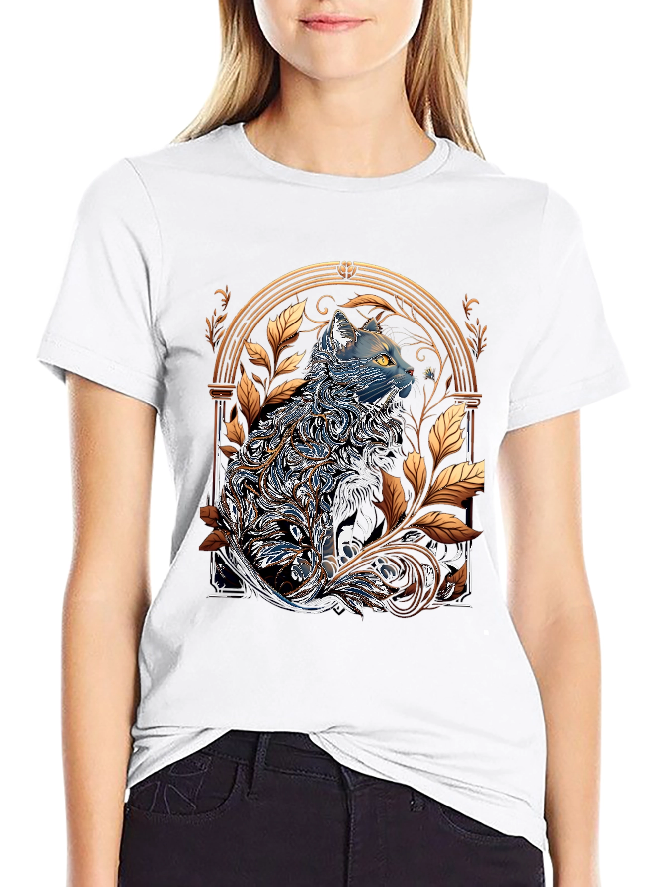 Ornate Cat Design Black T-Shirt