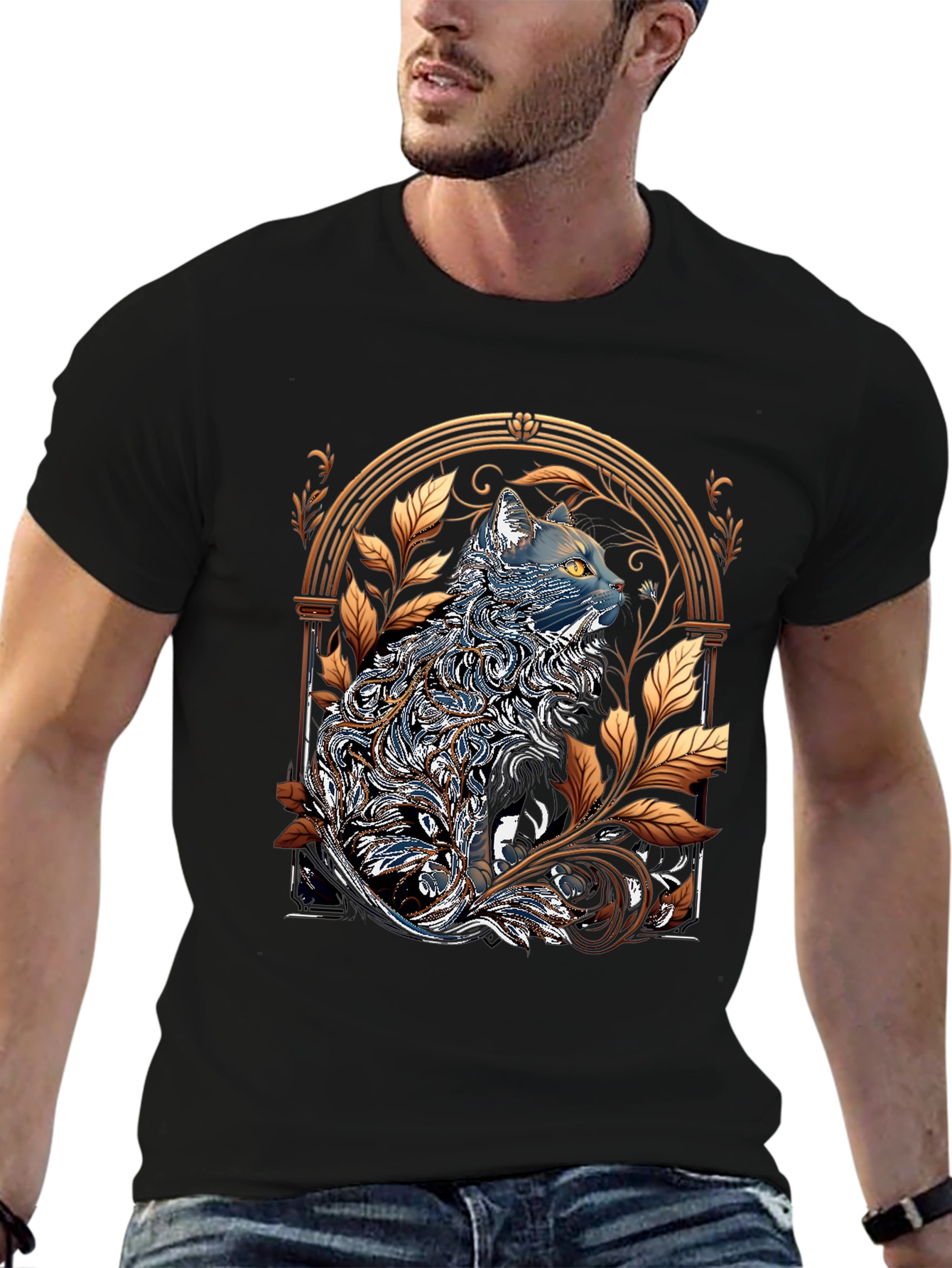 Ornate Cat Design Black T-Shirt