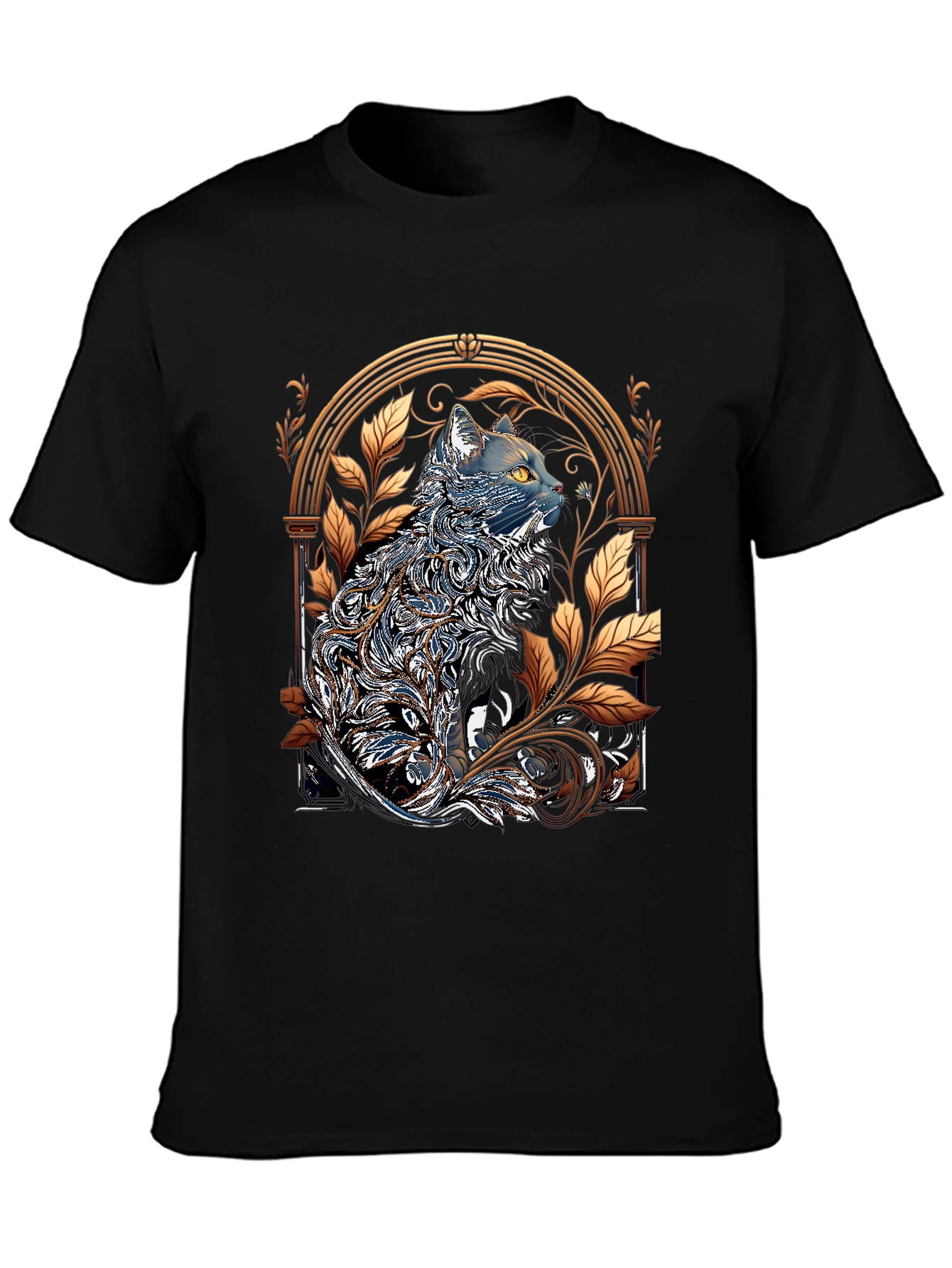 Ornate Cat Design Black T-Shirt