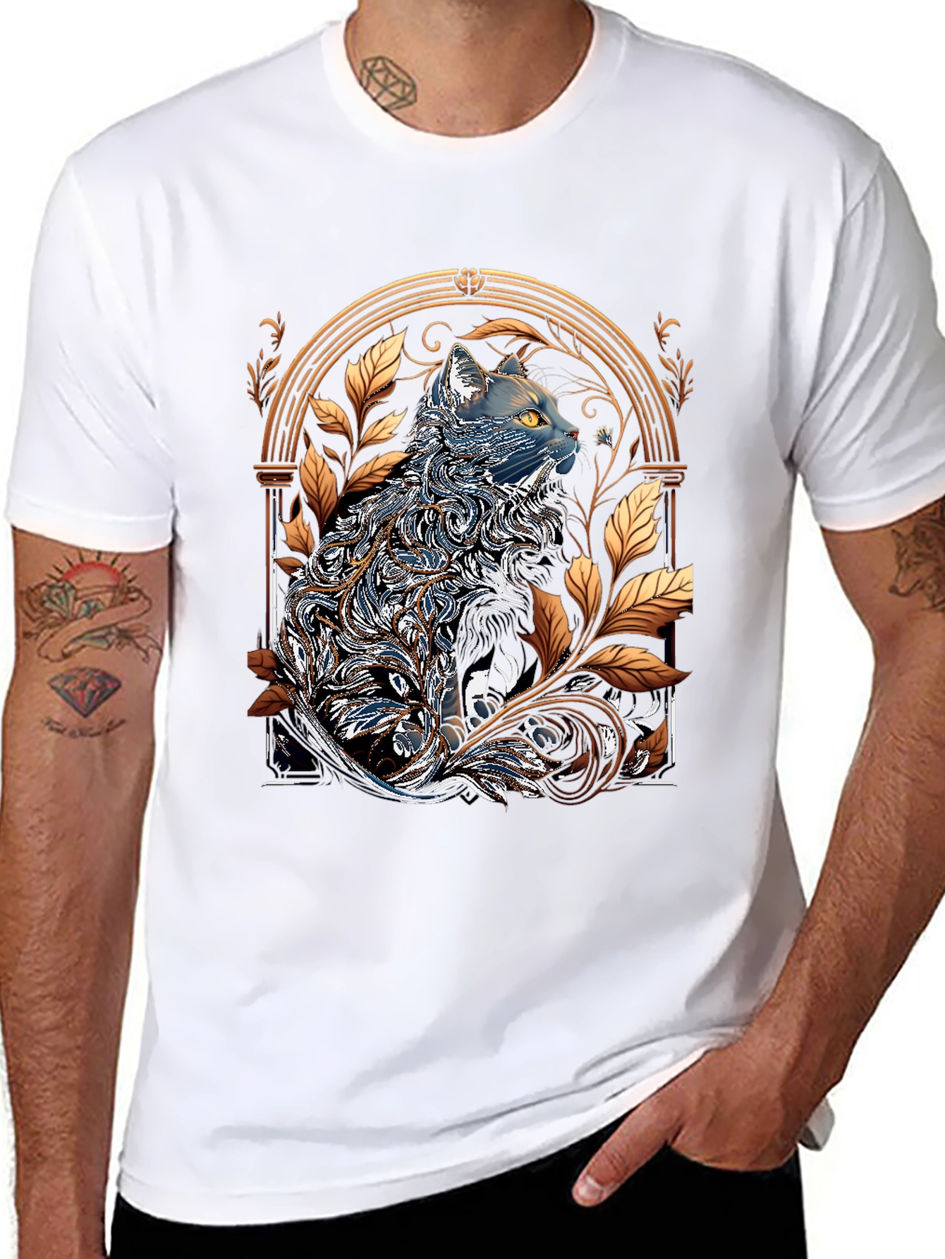 Ornate Cat Design Black T-Shirt