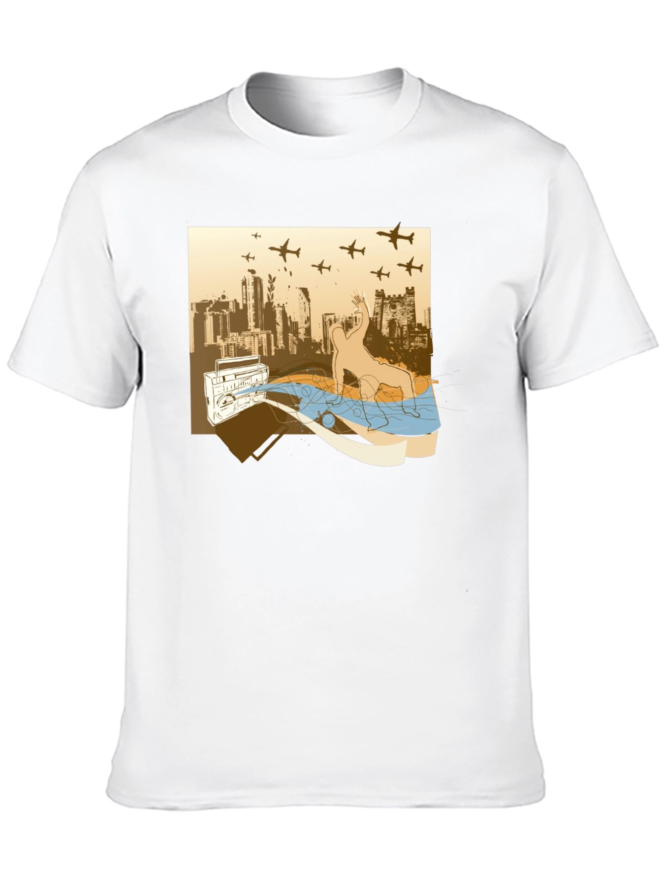 Urban Beat T-Shirt: Boombox Cityscape Design