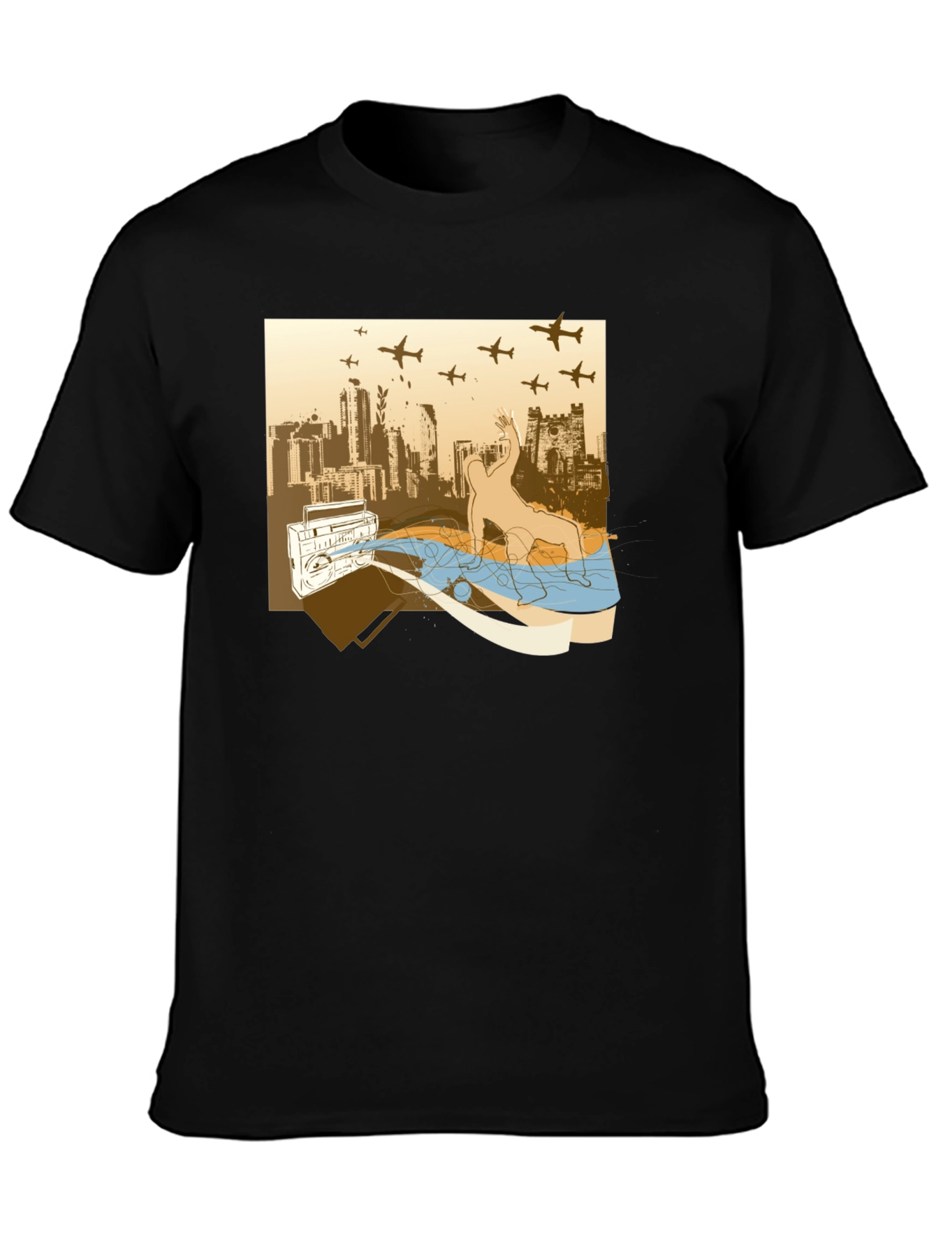 Urban Beat T-Shirt: Boombox Cityscape Design