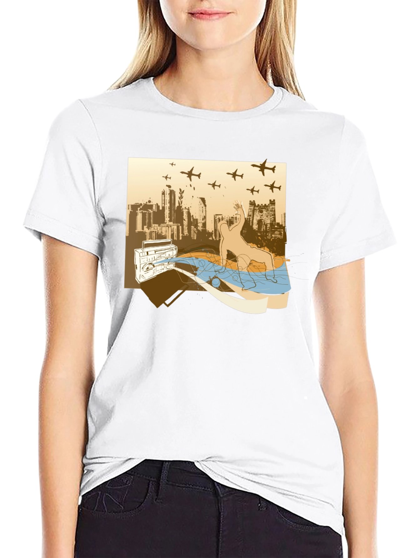 Urban Beat T-Shirt: Boombox Cityscape Design