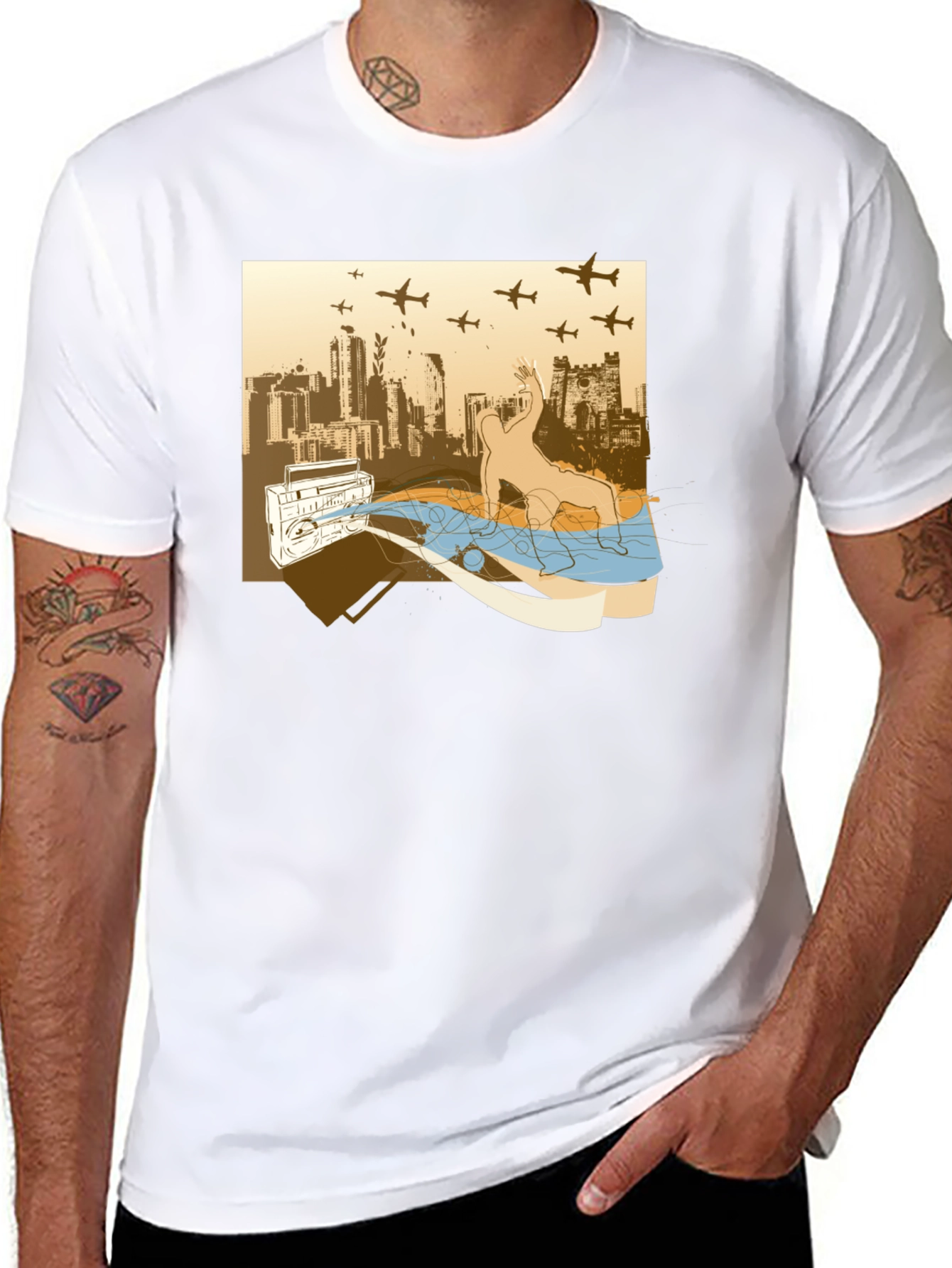 Urban Beat T-Shirt: Boombox Cityscape Design