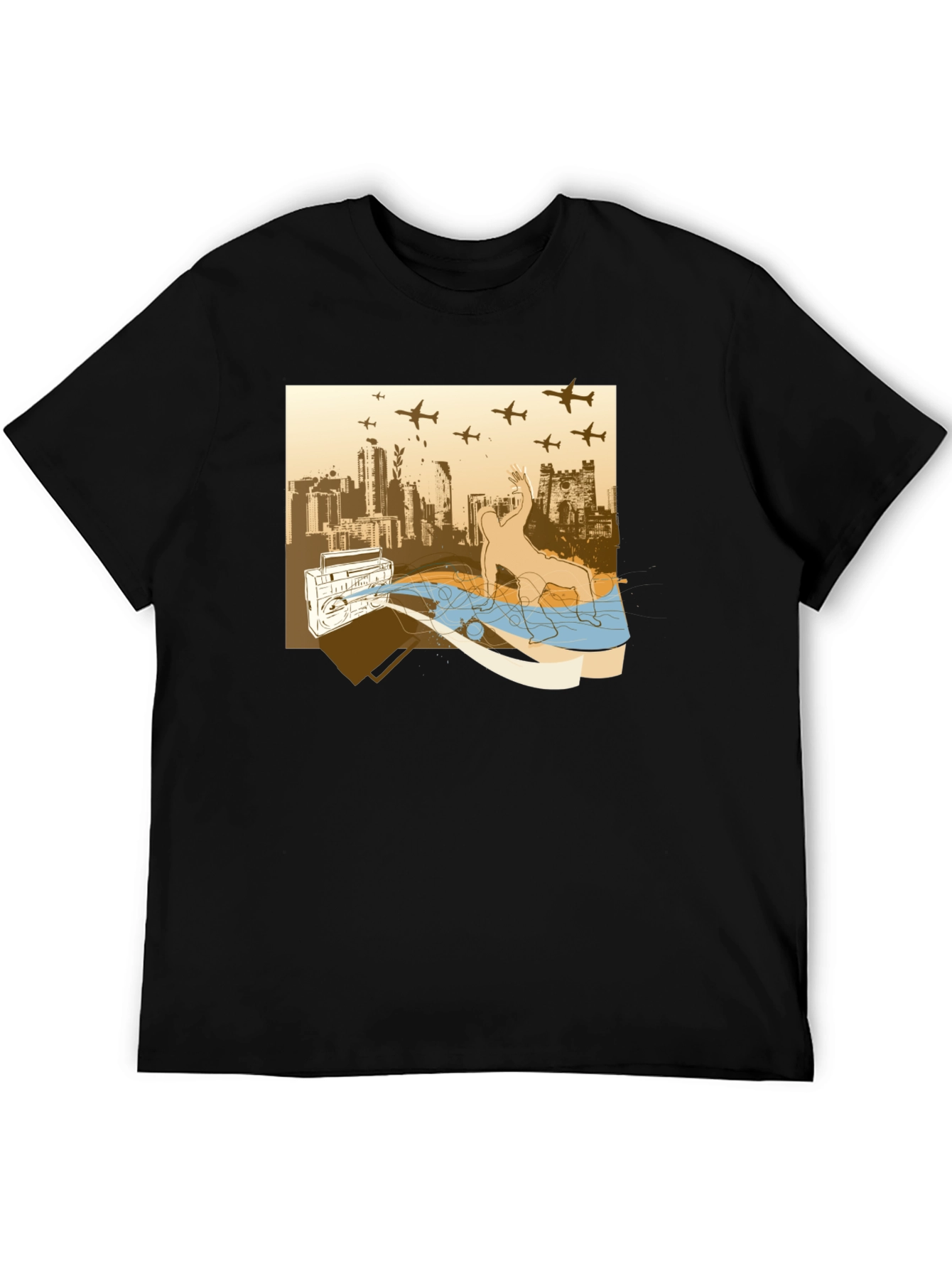 Urban Beat T-Shirt: Boombox Cityscape Design