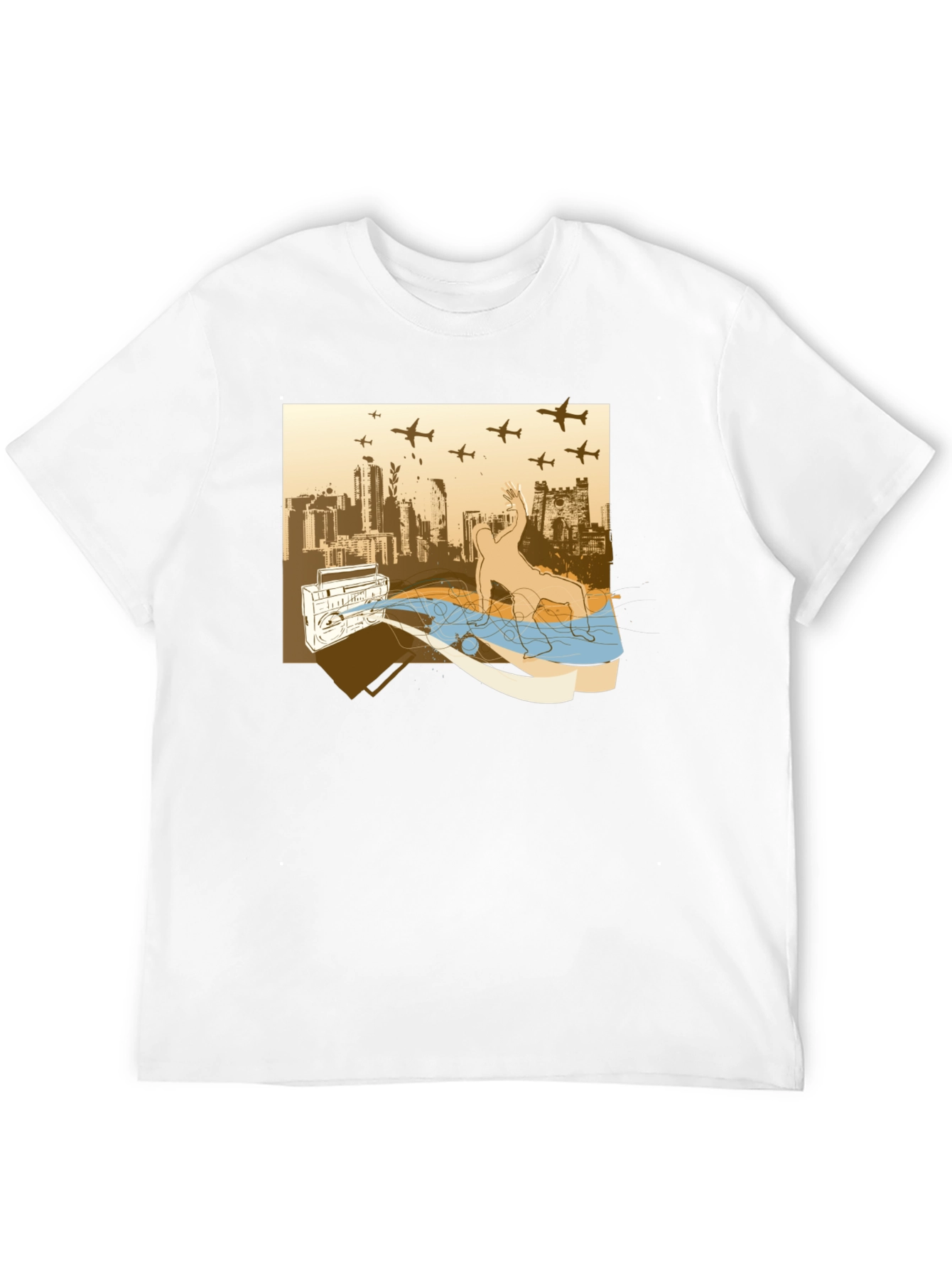 Urban Beat T-Shirt: Boombox Cityscape Design