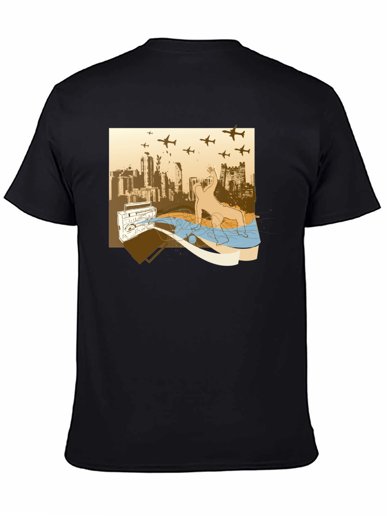 Urban Beat T-Shirt: Boombox Cityscape Design