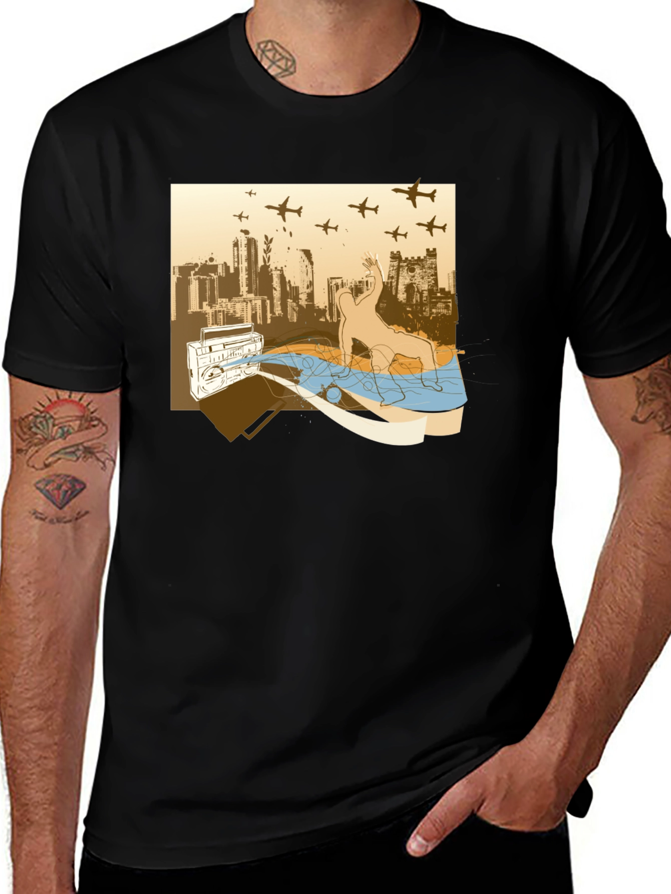Urban Beat T-Shirt: Boombox Cityscape Design