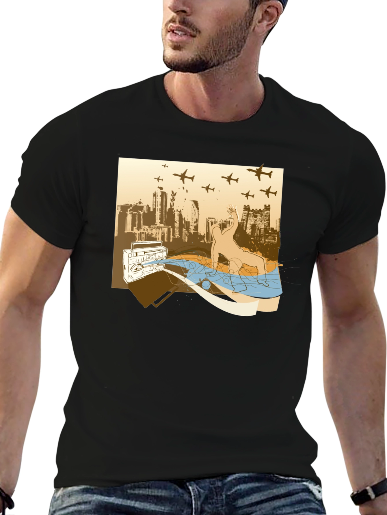 Urban Beat T-Shirt: Boombox Cityscape Design