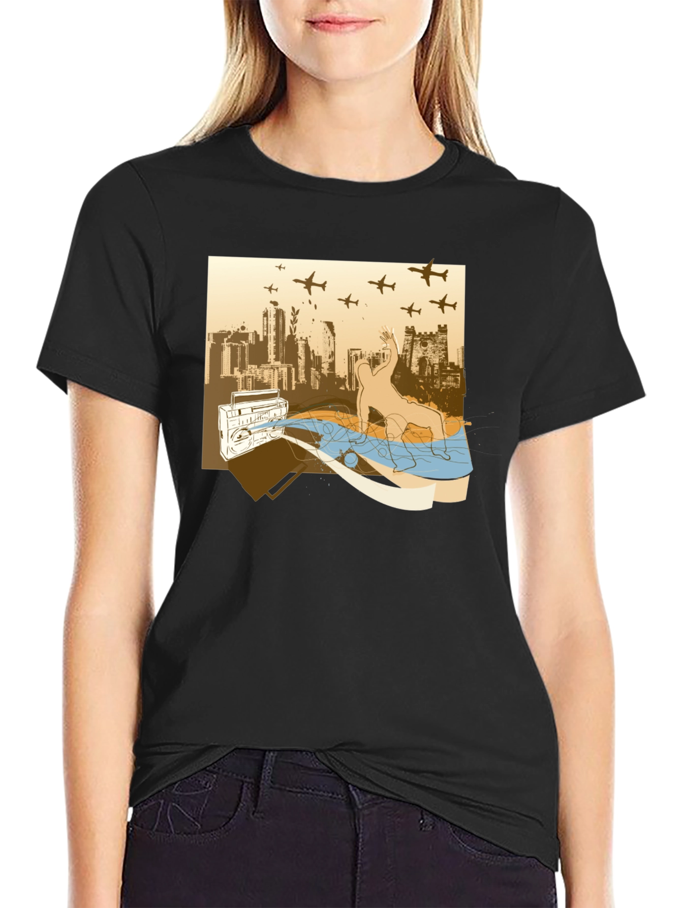Urban Beat T-Shirt: Boombox Cityscape Design