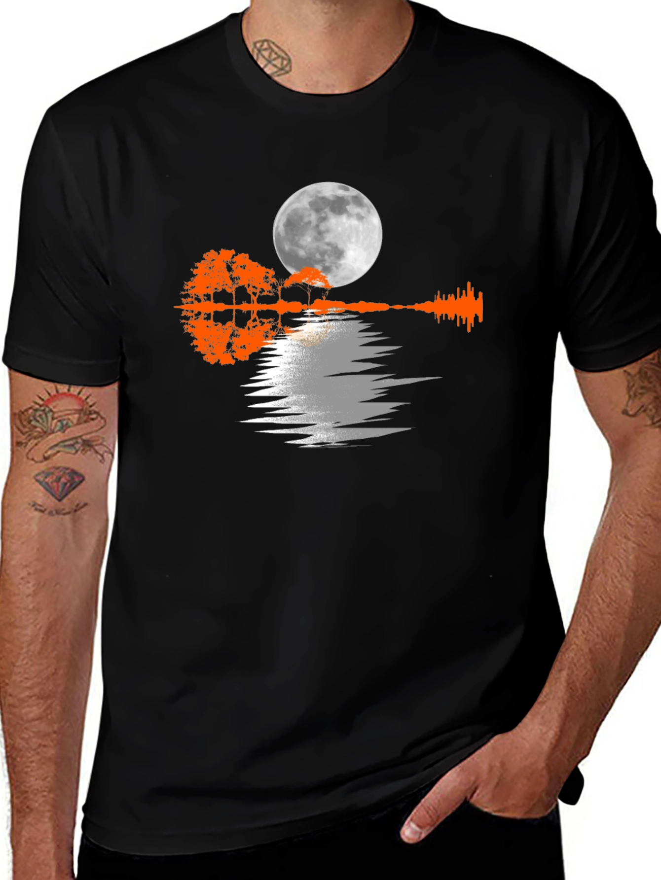 Moonlit Guitar Trees Black Tee