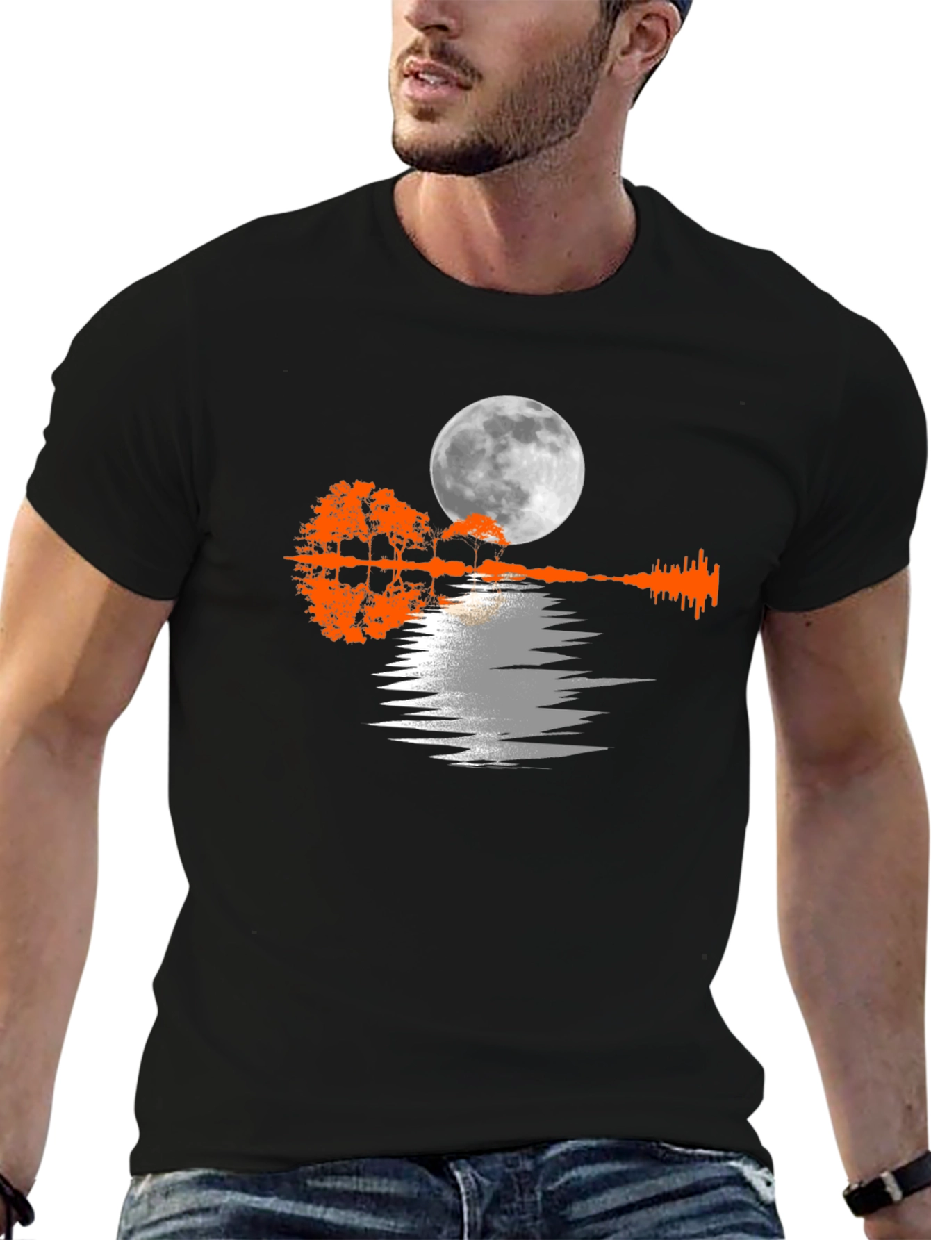 Moonlit Guitar Trees Black Tee